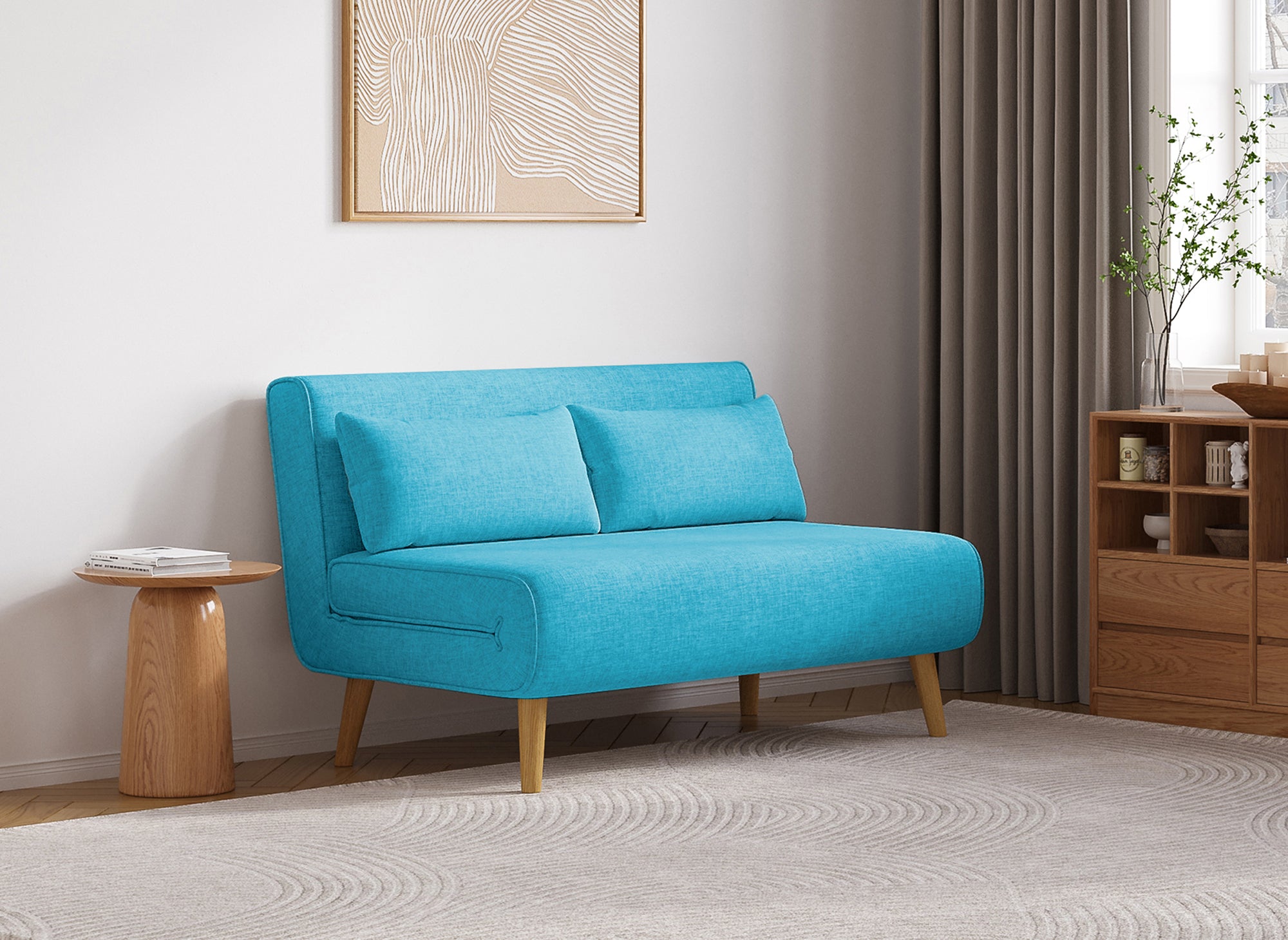 Banquette convertible 2 places en tissu bleu turquoise TONKA