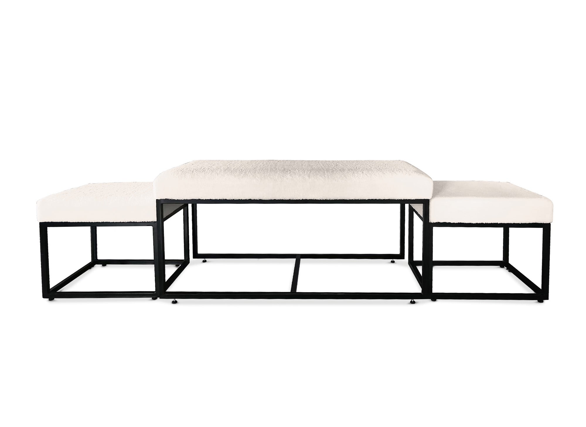 Banquette avec poufs en tissu bouclette blanc écru et pieds en métal noir BECKIE