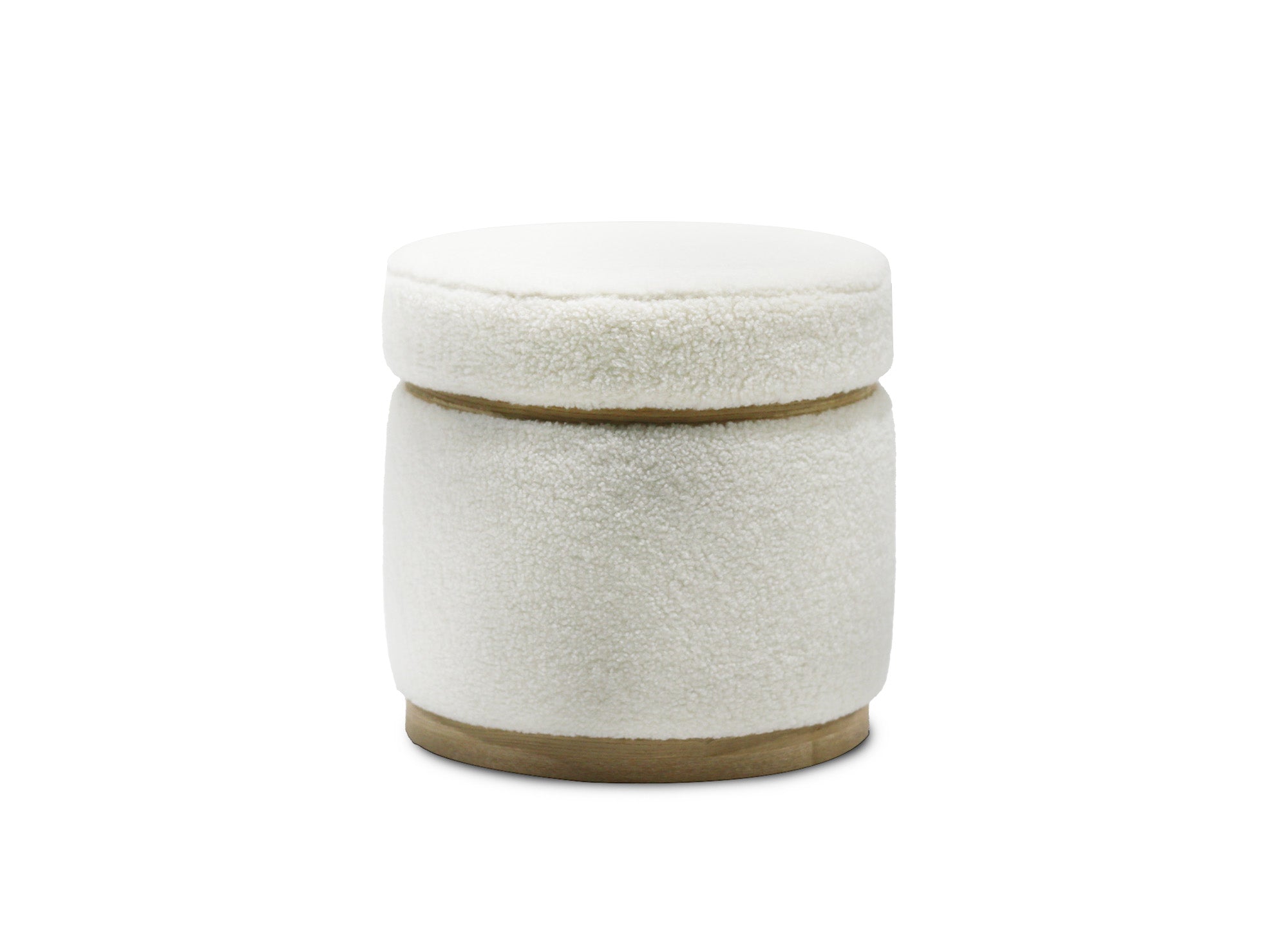 Pouf design en tissu effet peau de mouton blanc écru et bois clair DIVA