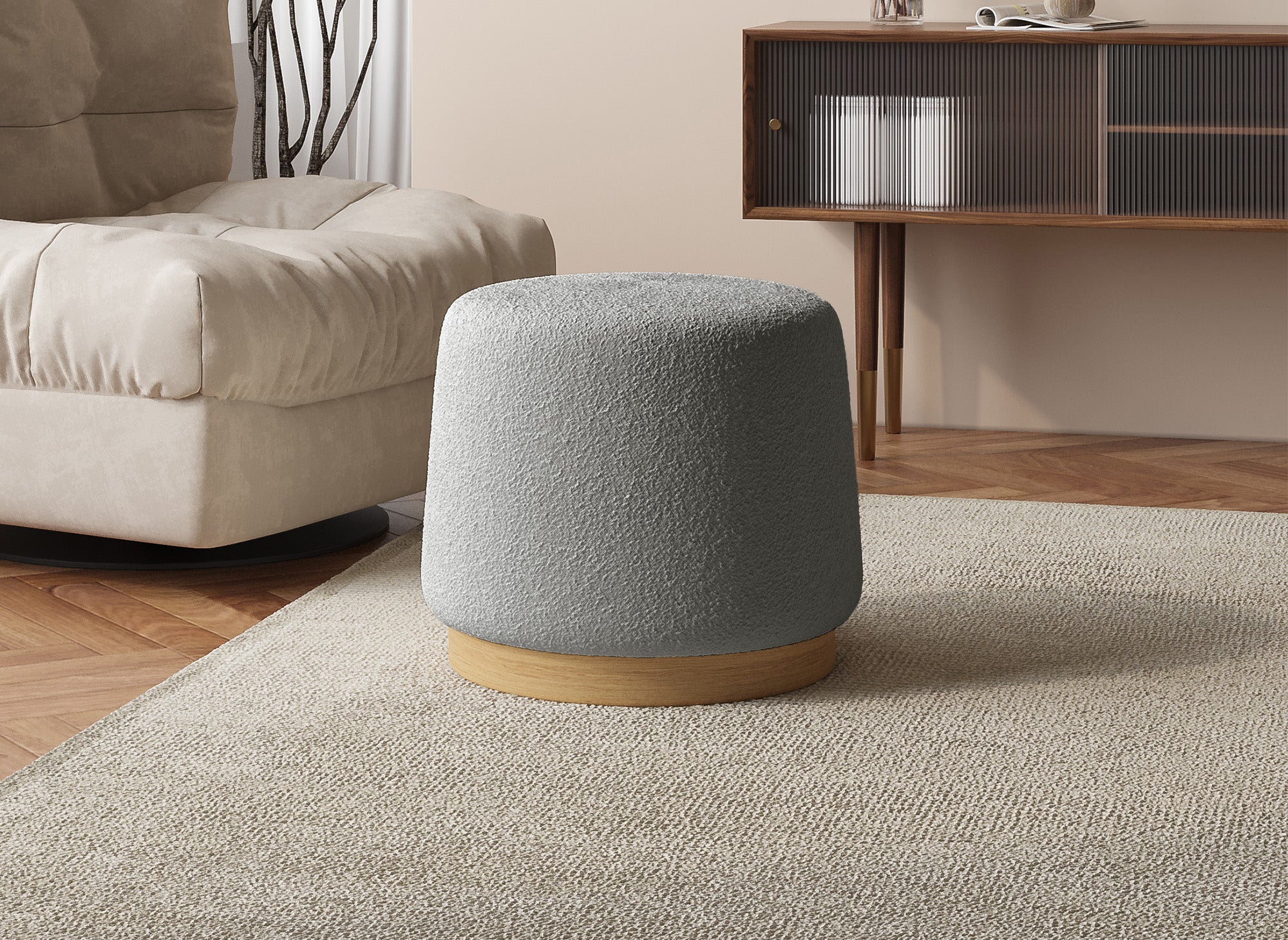 Pouf design en tissu effet peau de mouton gris et bois MELIA