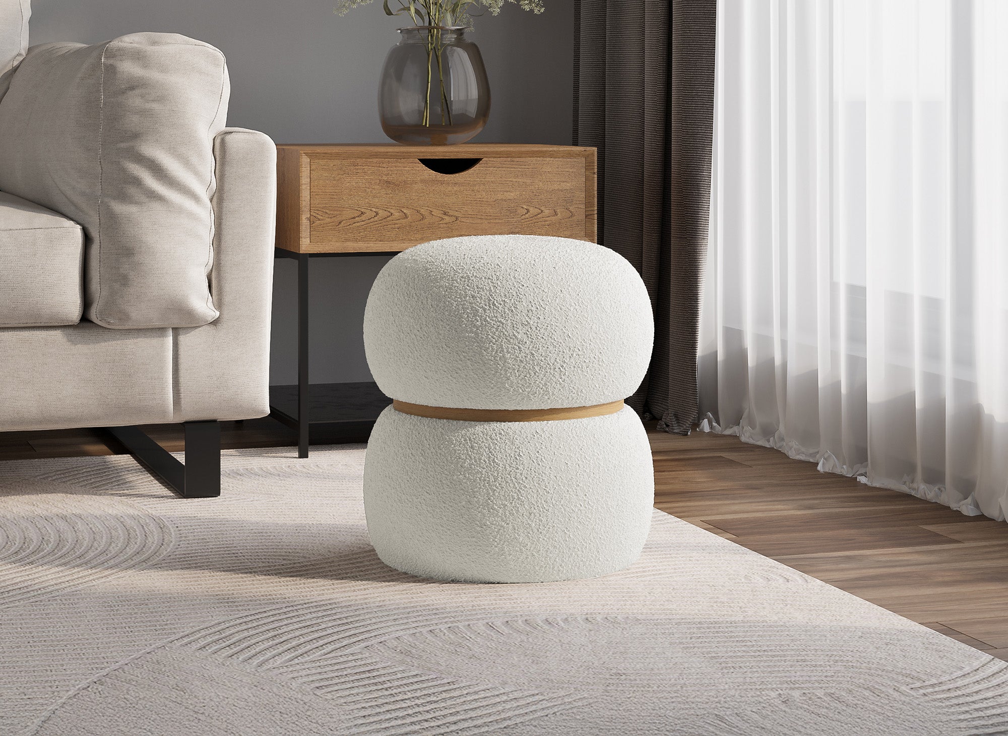 Pouf design en tissu effet peau de mouton blanc écru NESSY