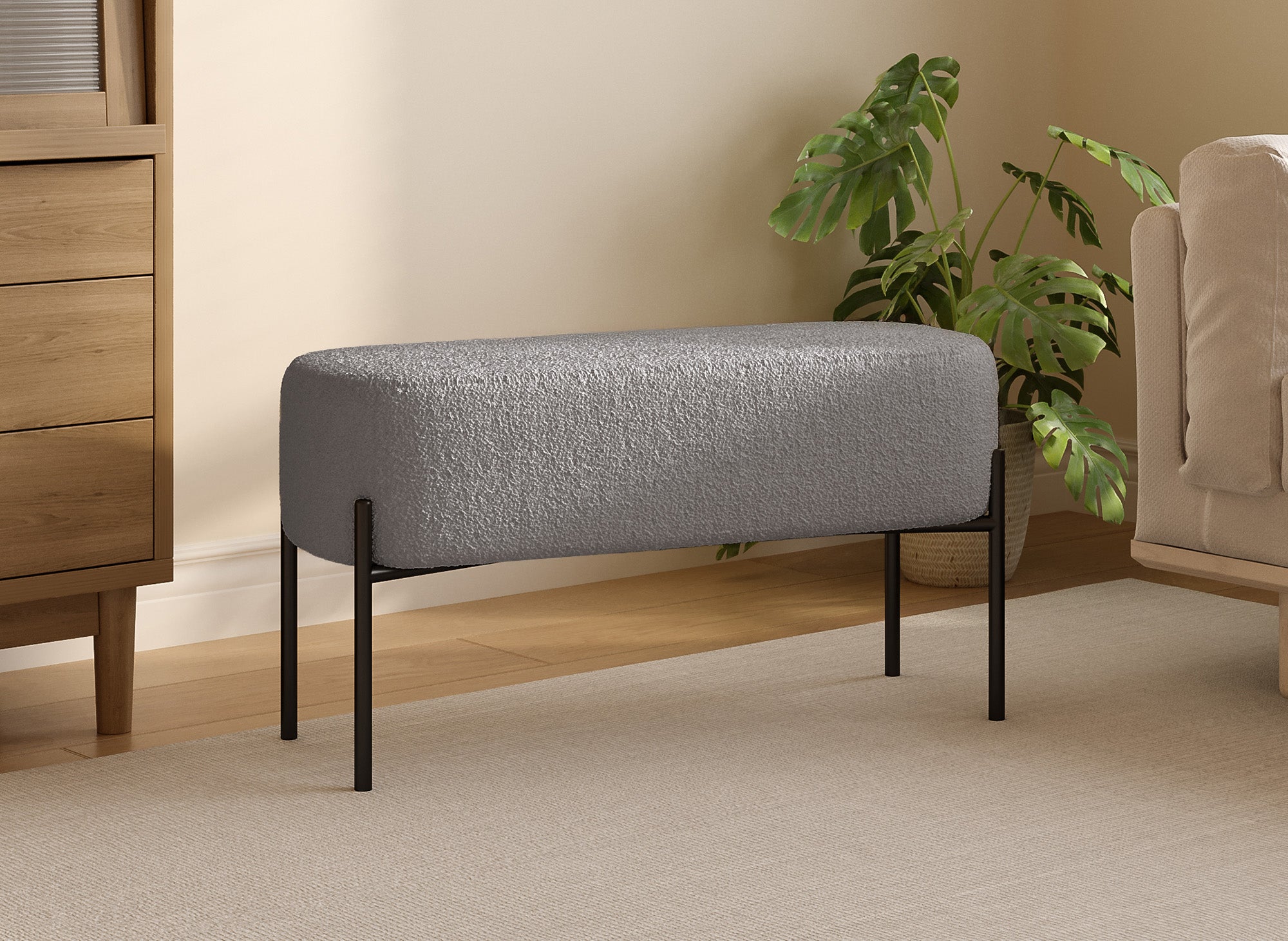 Banquette en tissu effet peau de mouton gris et pieds en métal noir LEYAN