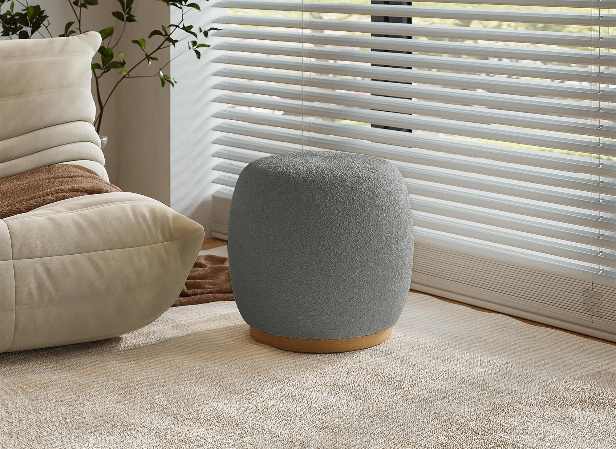 Pouf en tissu effet peau de mouton gris et bois VALEA