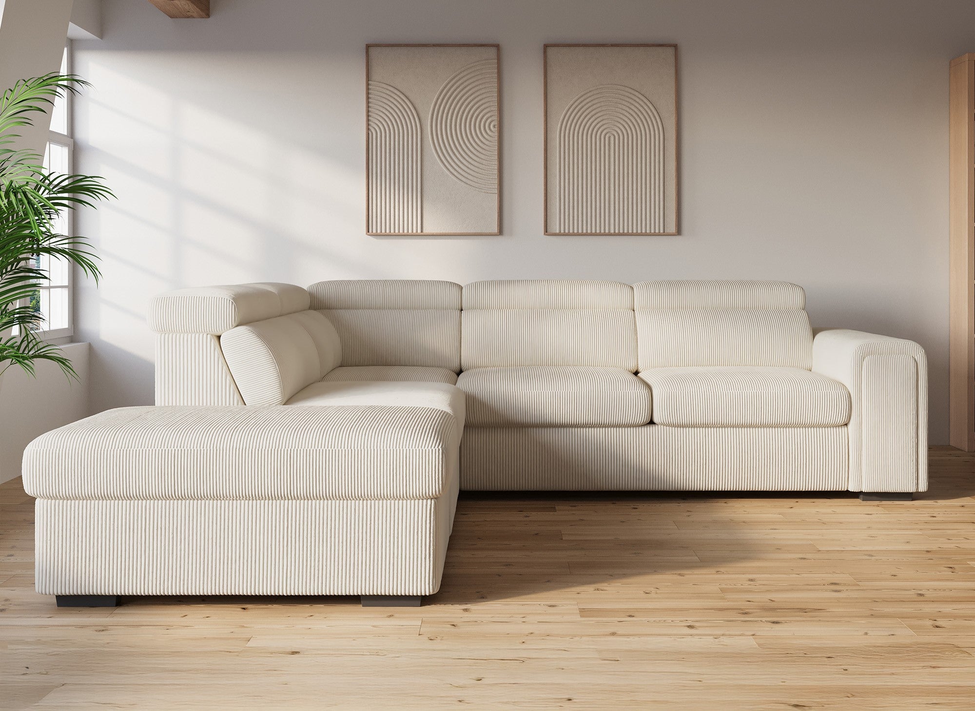 Canapé d'angle convertible avec coffre en velours côtelé épais beige ZENOVA - Angle gauche