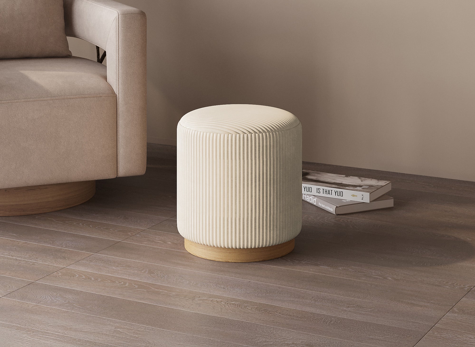 Pouf design en velours côtelé beige et pied en bois NAORA