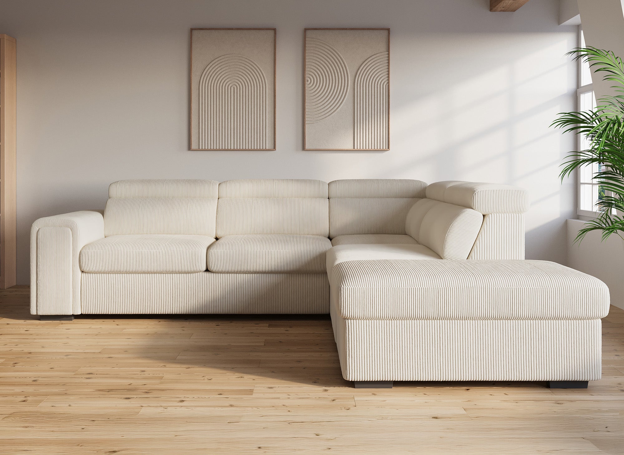 Canapé d'angle convertible avec coffre en velours côtelé épais beige ZENOVA - Angle droit