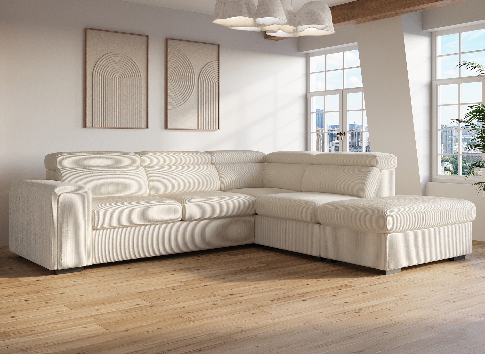 Canapé d'angle convertible avec coffre en velours côtelé épais beige ZENOVA - Angle droit