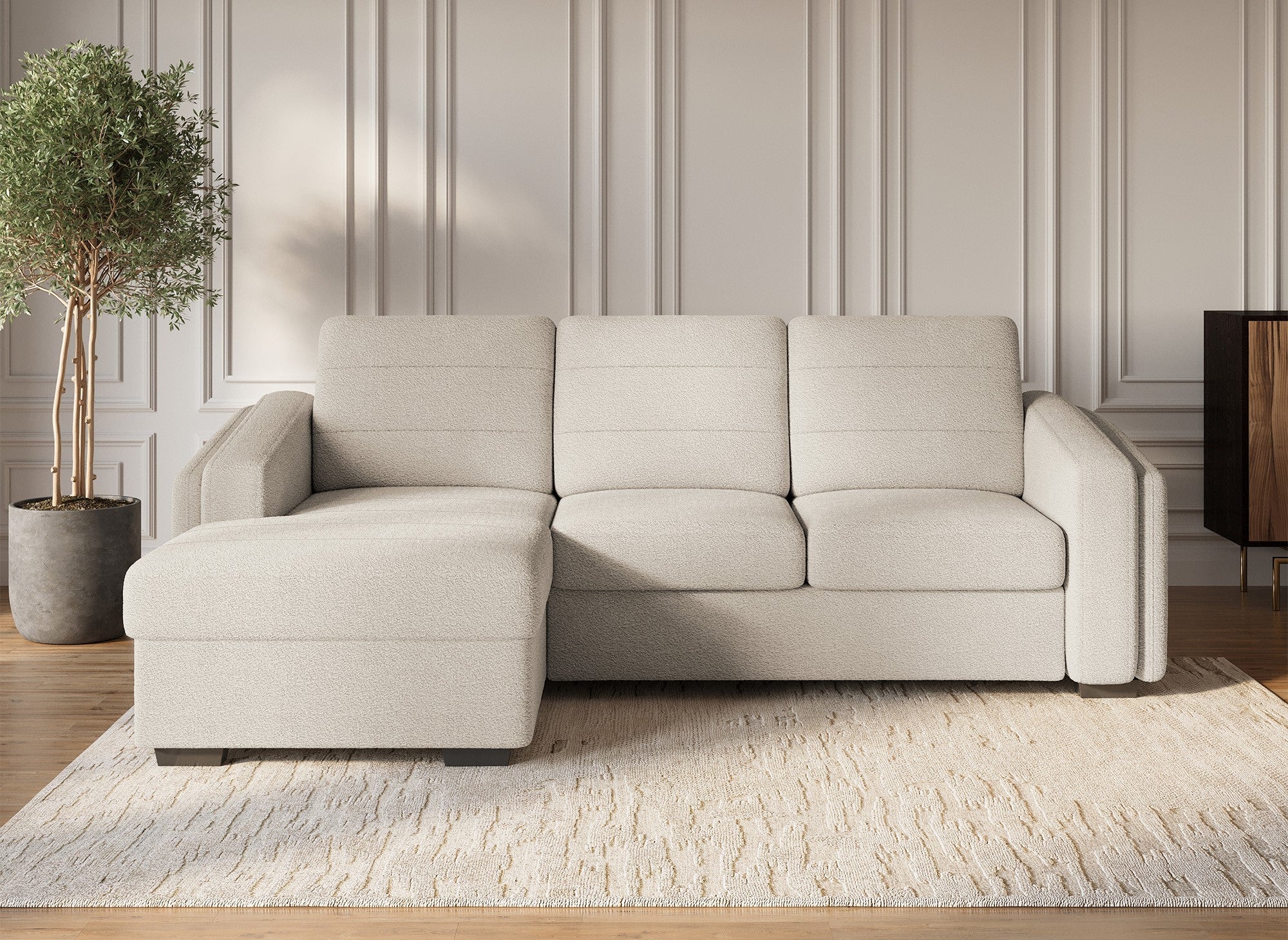 Canapé d'angle convertible avec coffre en tissu bouclette beige CALANDRA - Angle gauche