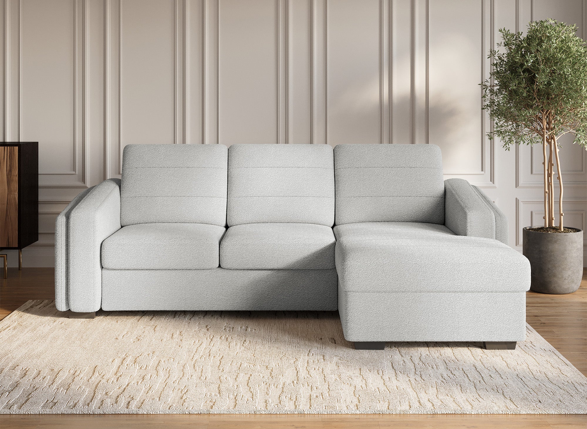 Canapé d'angle convertible avec coffre en tissu bouclette gris clair CALANDRA - Angle droit