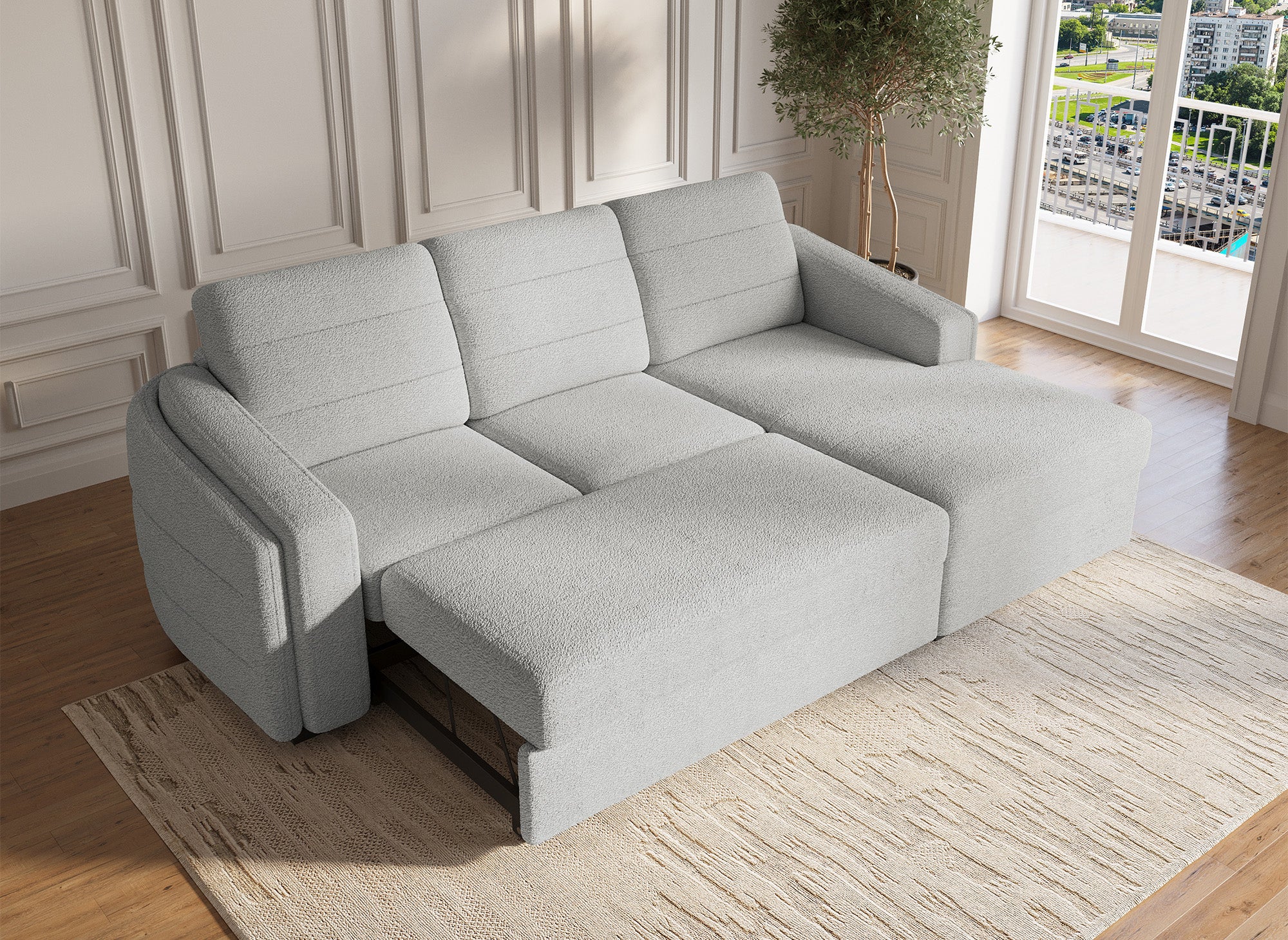 Canapé d'angle convertible avec coffre en tissu bouclette gris clair CALANDRA - Angle droit