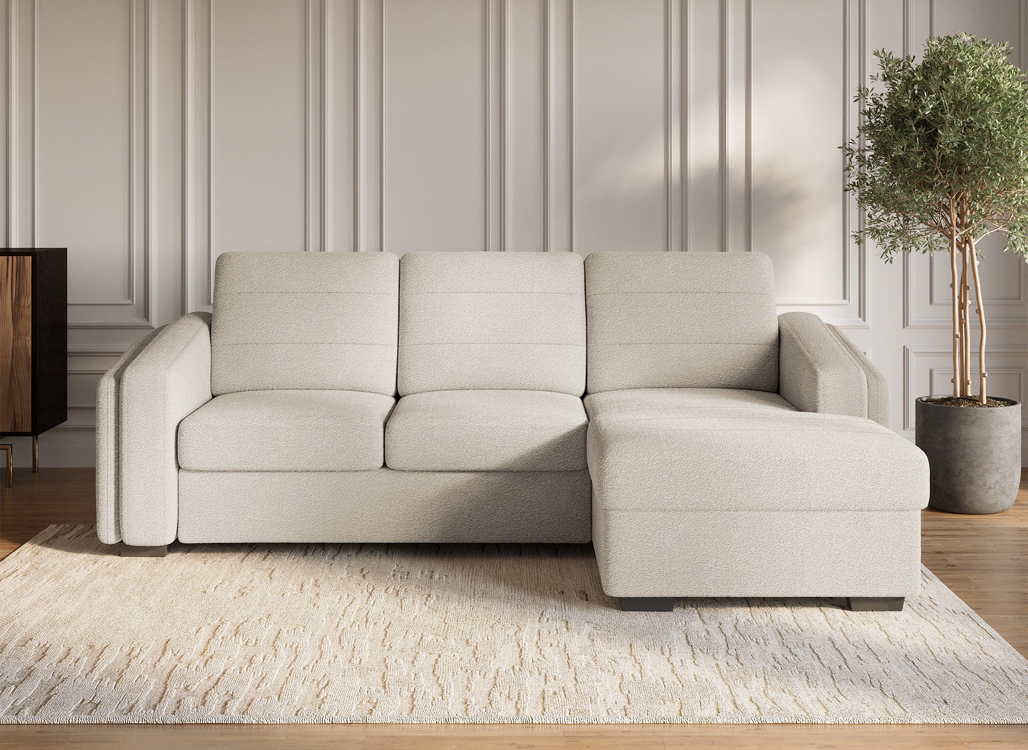 Canapé d'angle convertible avec coffre en tissu bouclette beige CALANDRA - Angle droit