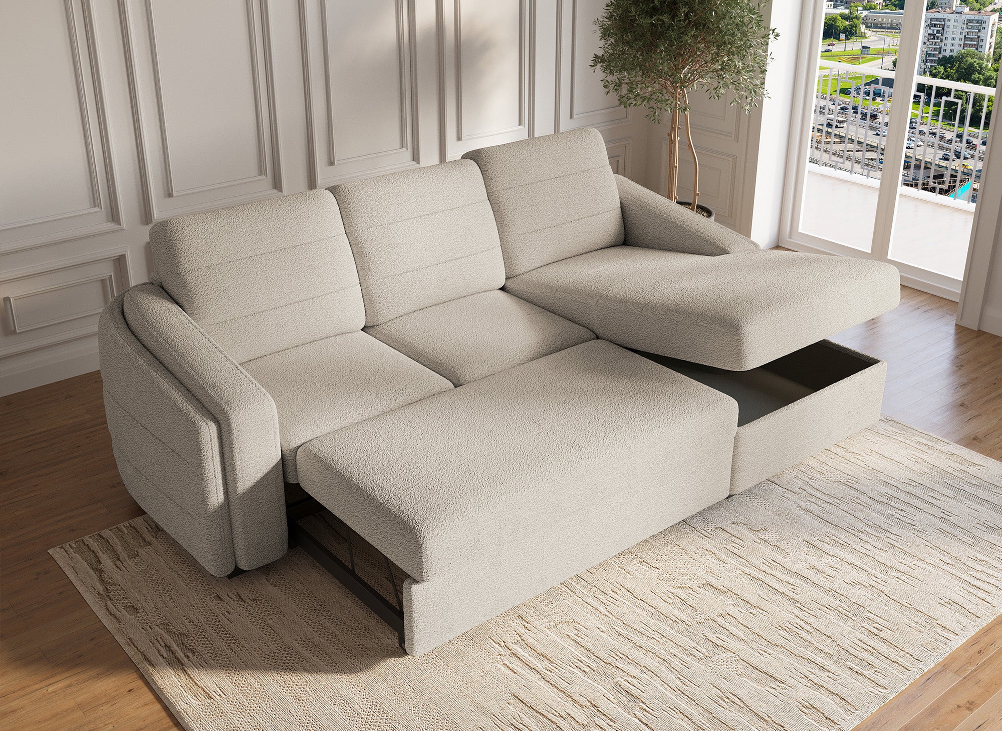 Canapé d'angle convertible avec coffre en tissu bouclette beige CALANDRA - Angle droit