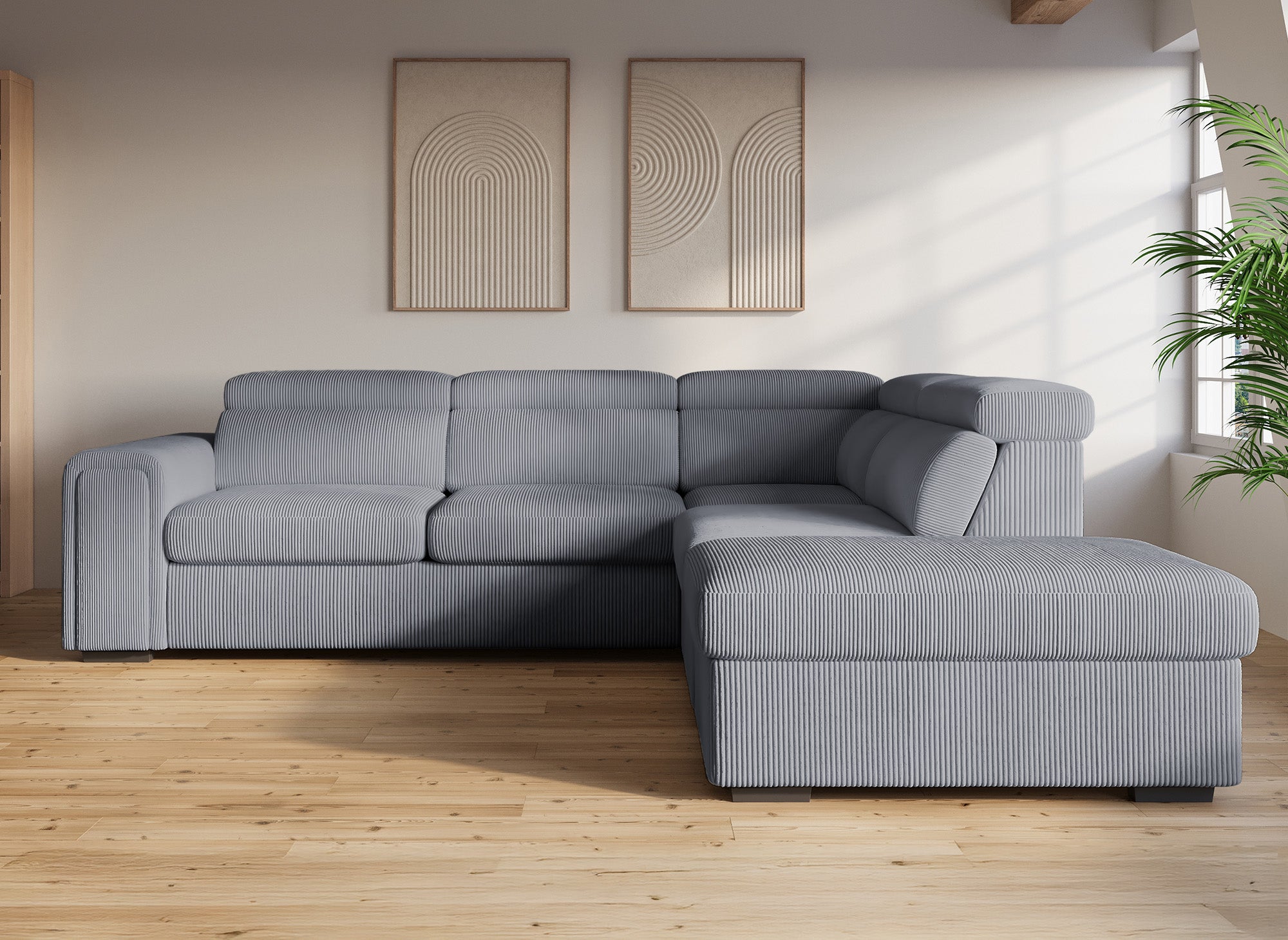 Canapé d'angle convertible avec coffre en velours côtelé épais gris ZENOVA - Angle droit