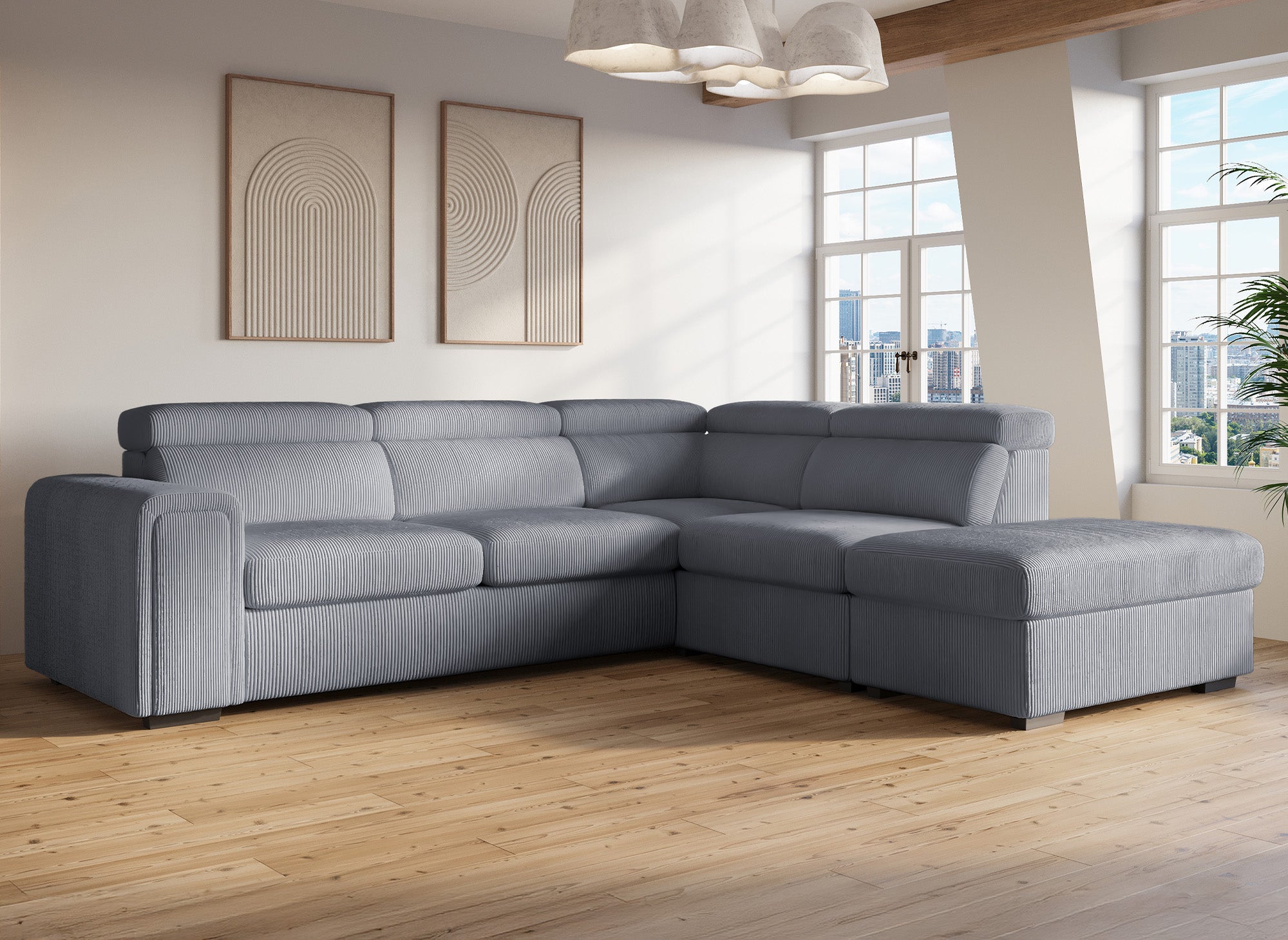 Canapé d'angle convertible avec coffre en velours côtelé épais gris ZENOVA - Angle droit