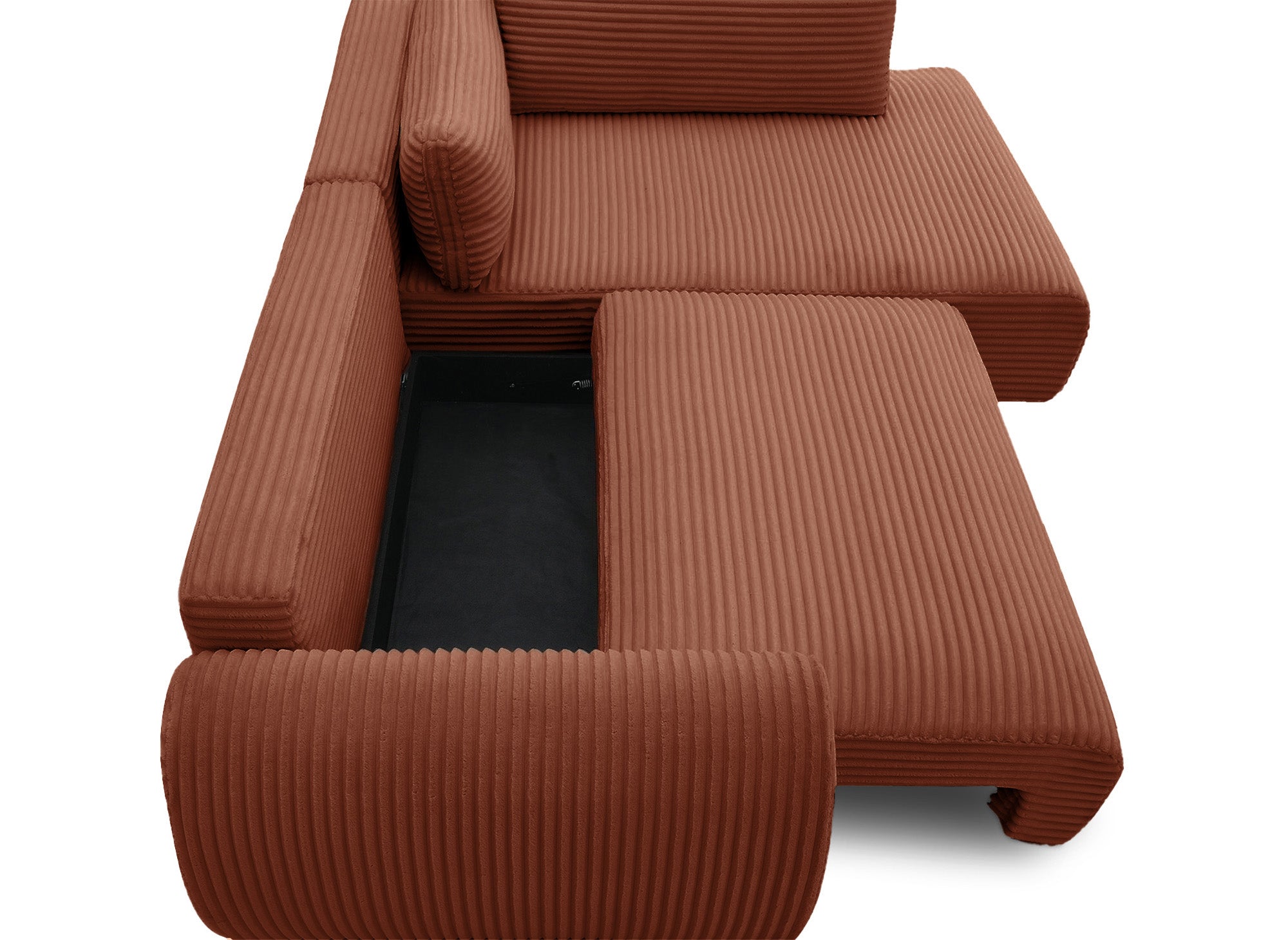 Canapé d'angle convertible avec méridienne et coffre en gros côtelé terracotta TILDA - Angle droit