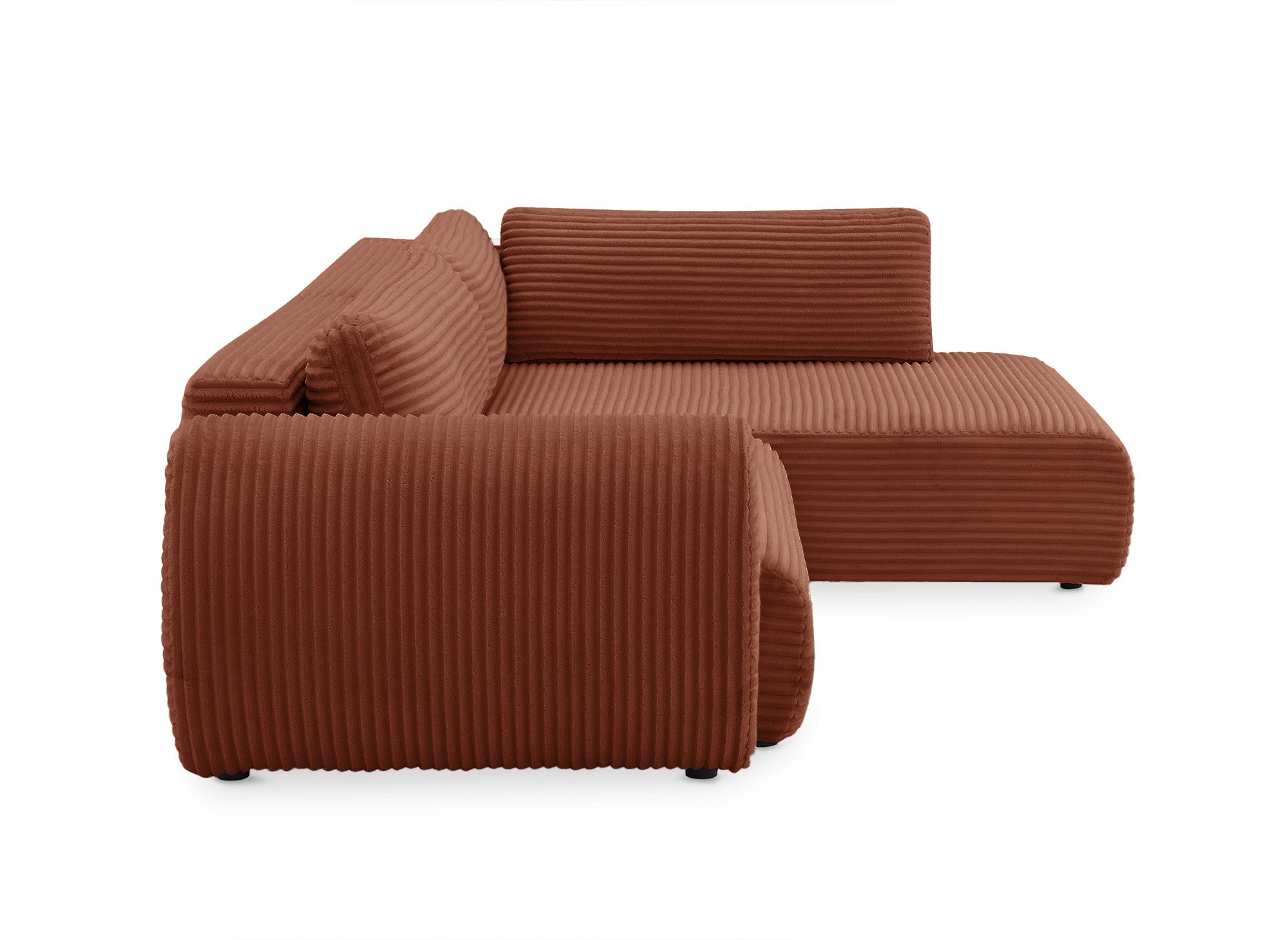 Canapé d'angle convertible avec méridienne et coffre en gros côtelé terracotta TILDA - Angle droit