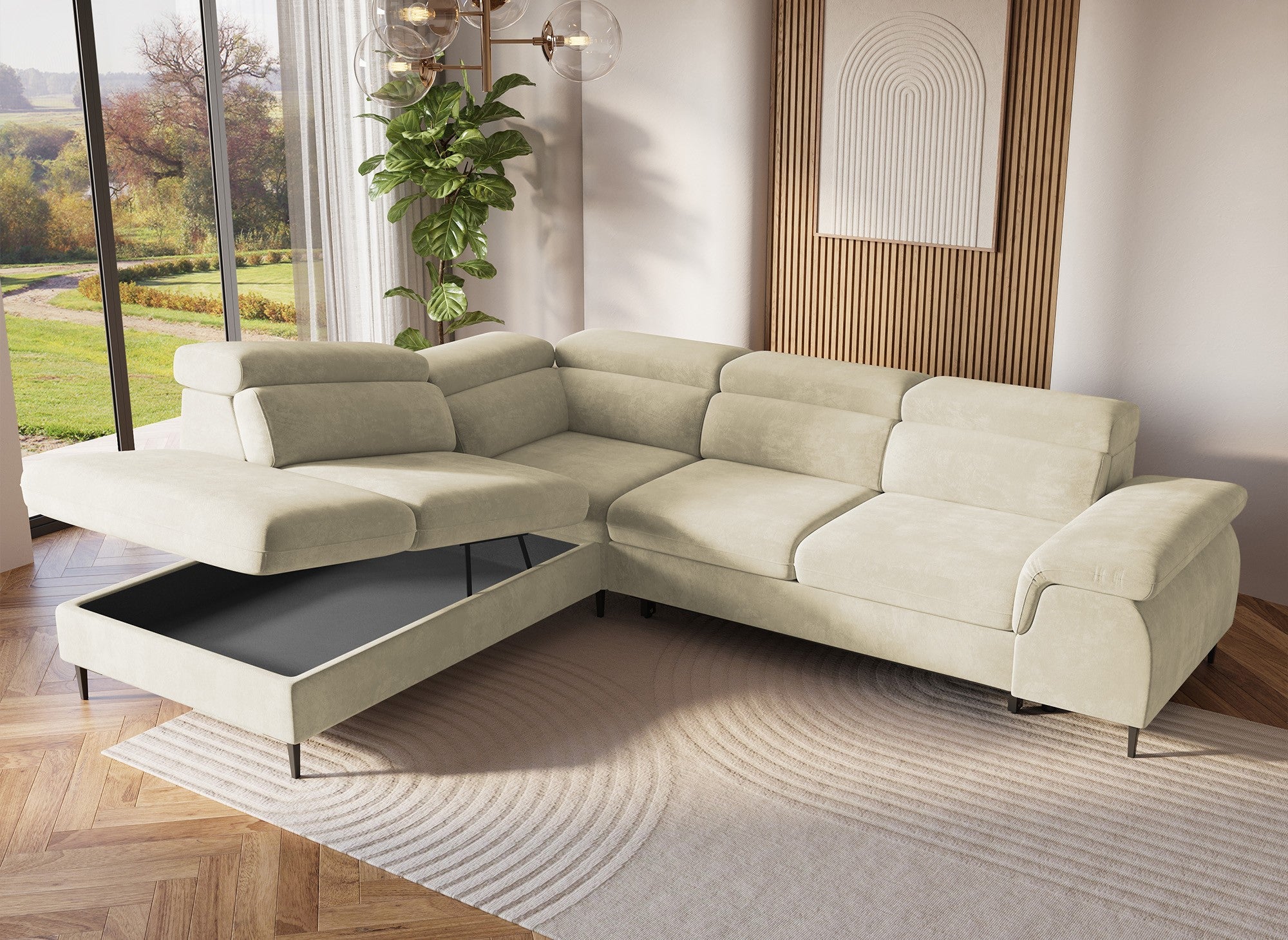 Canapé d'angle convertible avec coffre de rangement en velours beige SWAN - Angle gauche