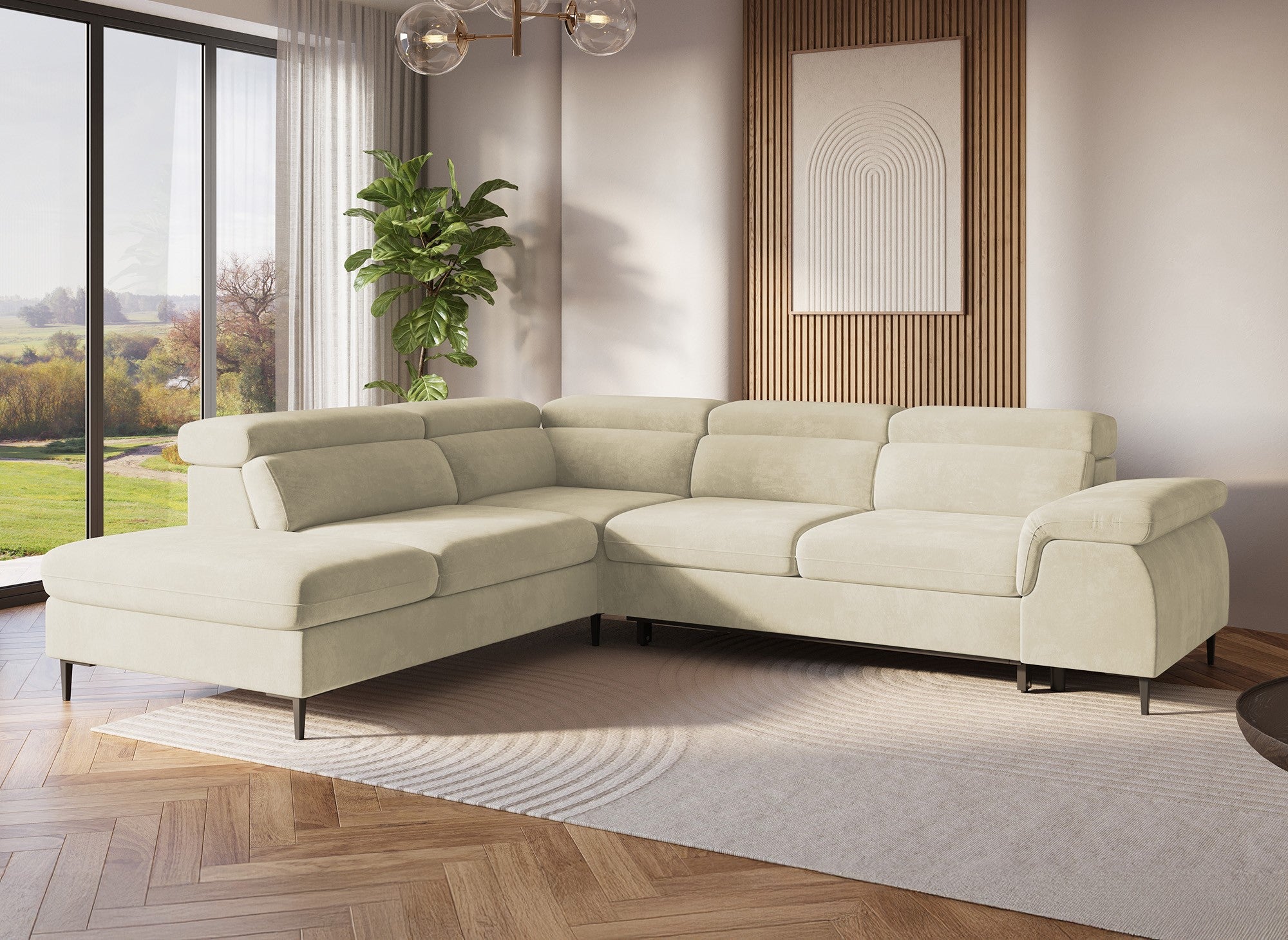 Canapé d'angle convertible avec coffre de rangement en velours beige SWAN - Angle gauche