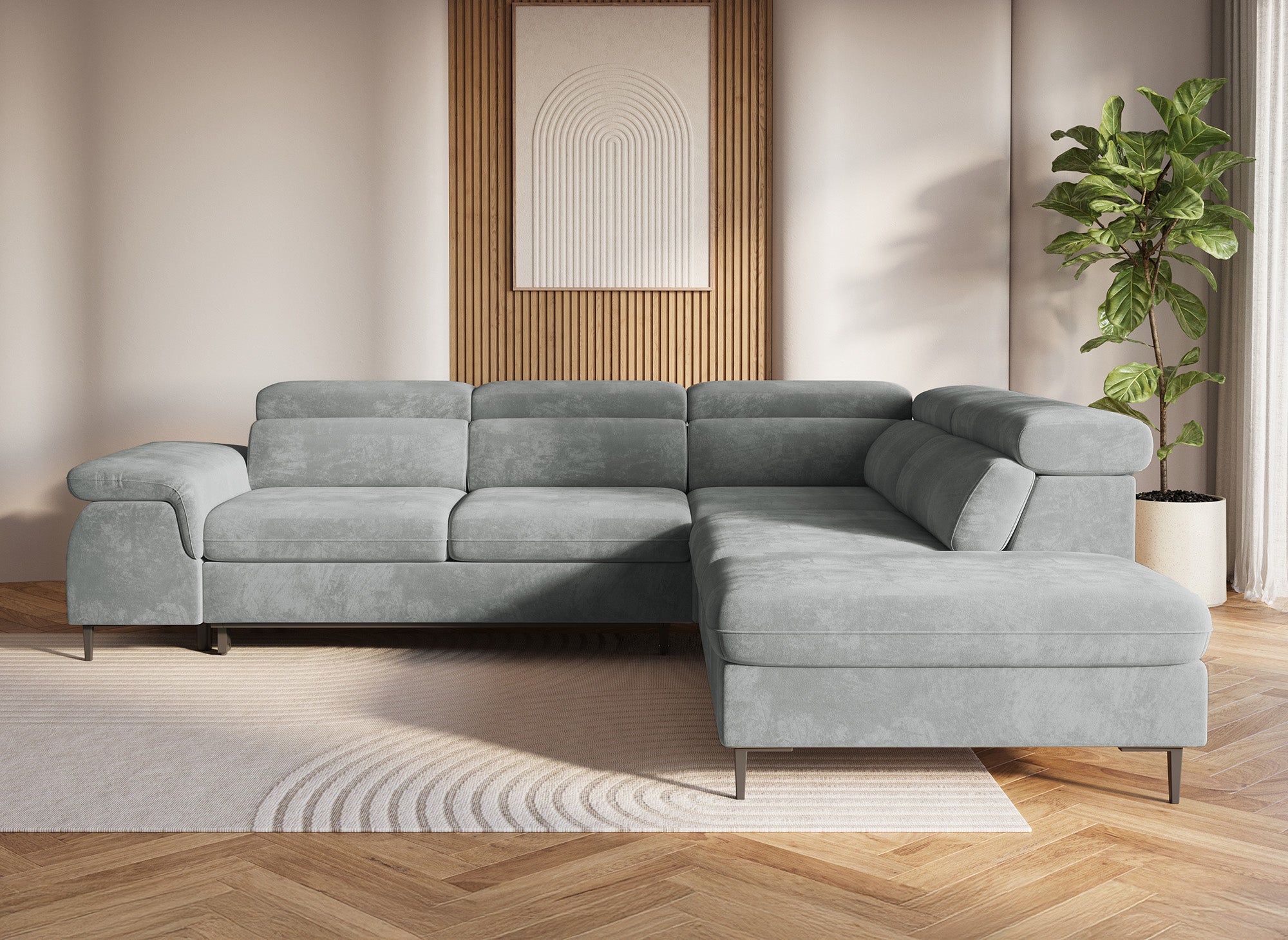 Canapé d'angle convertible avec coffre de rangement en velours gris SWAN - Angle droit