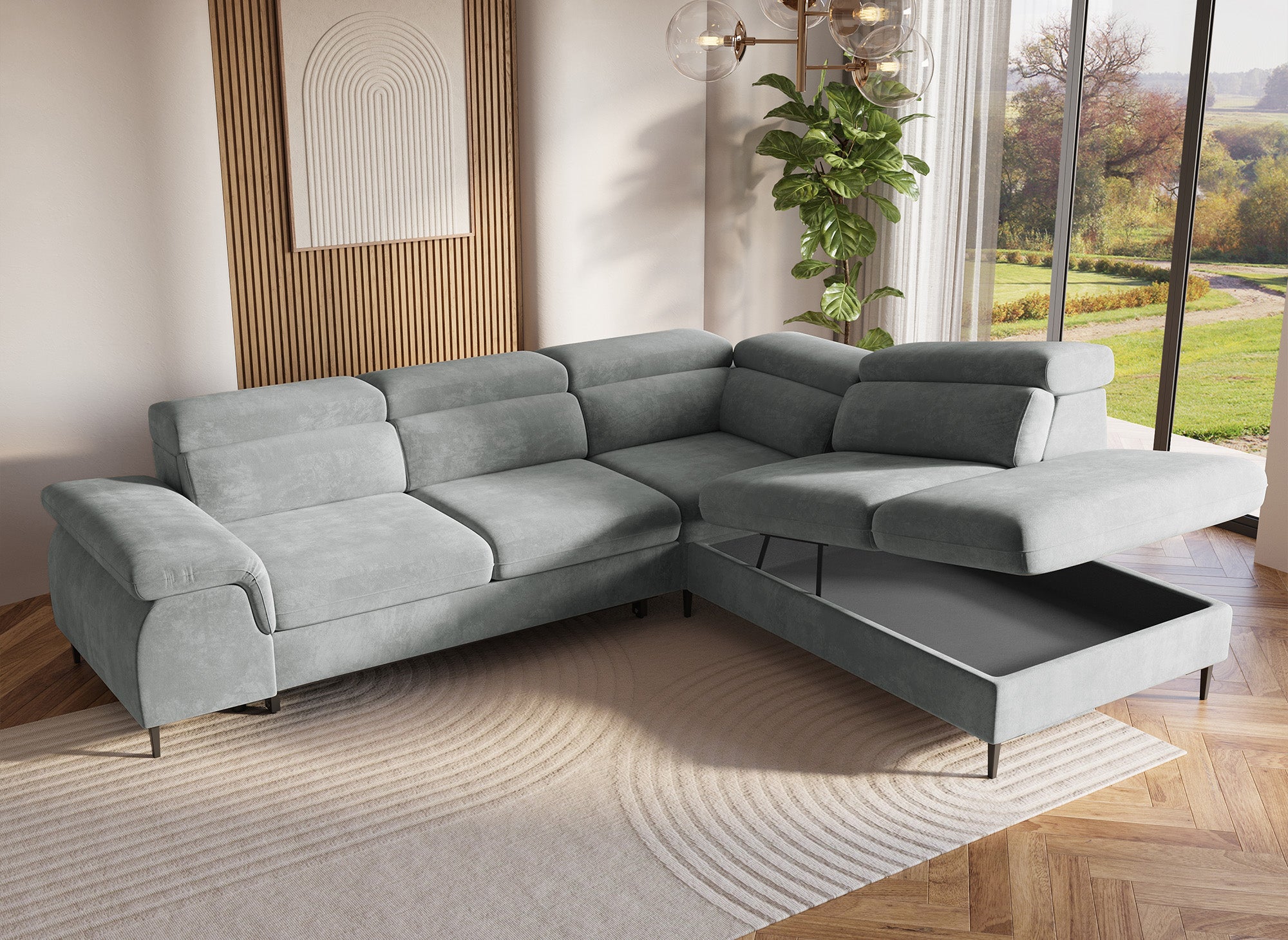 Canapé d'angle convertible avec coffre de rangement en velours gris SWAN - Angle droit