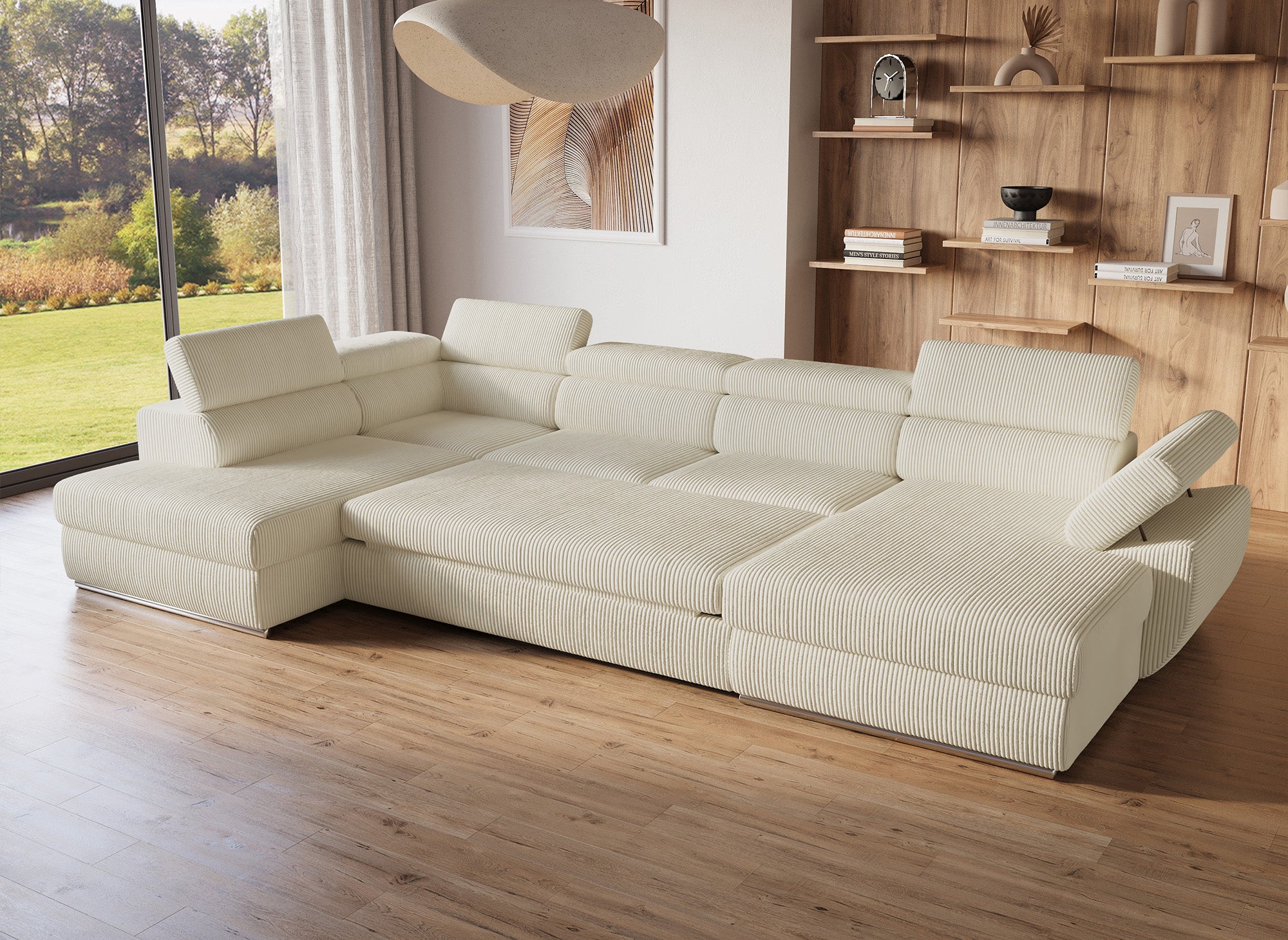 Canapé panoramique convertible avec coffre en velours côtelé épais beige MARIANO- Angle droit