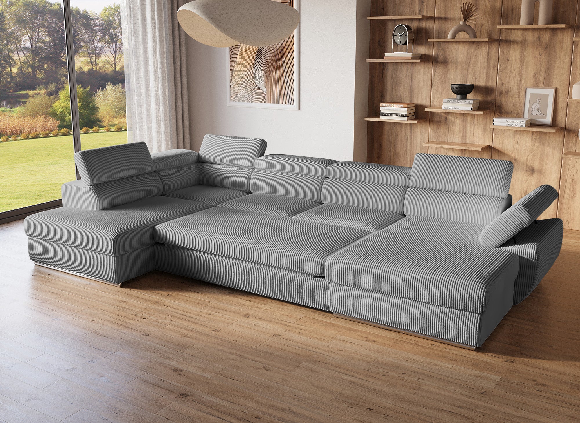 Canapé panoramique convertible avec coffre en velours côtelé épais gris MARIANO- Angle droit