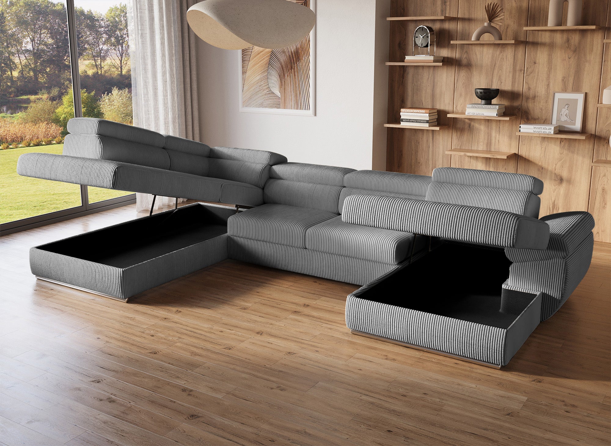 Canapé panoramique convertible avec coffre en velours côtelé épais gris MARIANO- Angle droit