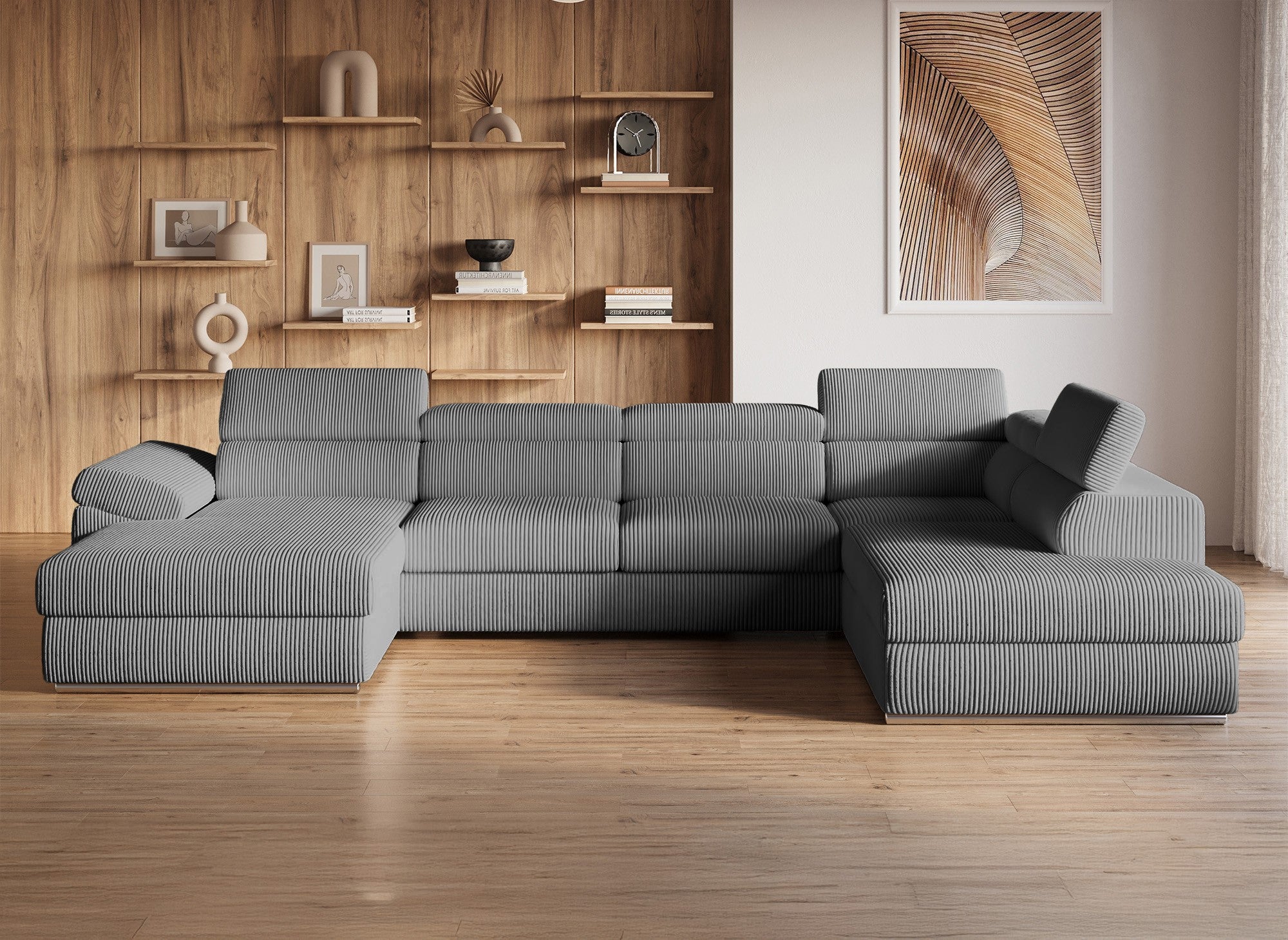 Canapé panoramique convertible avec coffre en velours côtelé épais gris MARIANO- Angle gauche