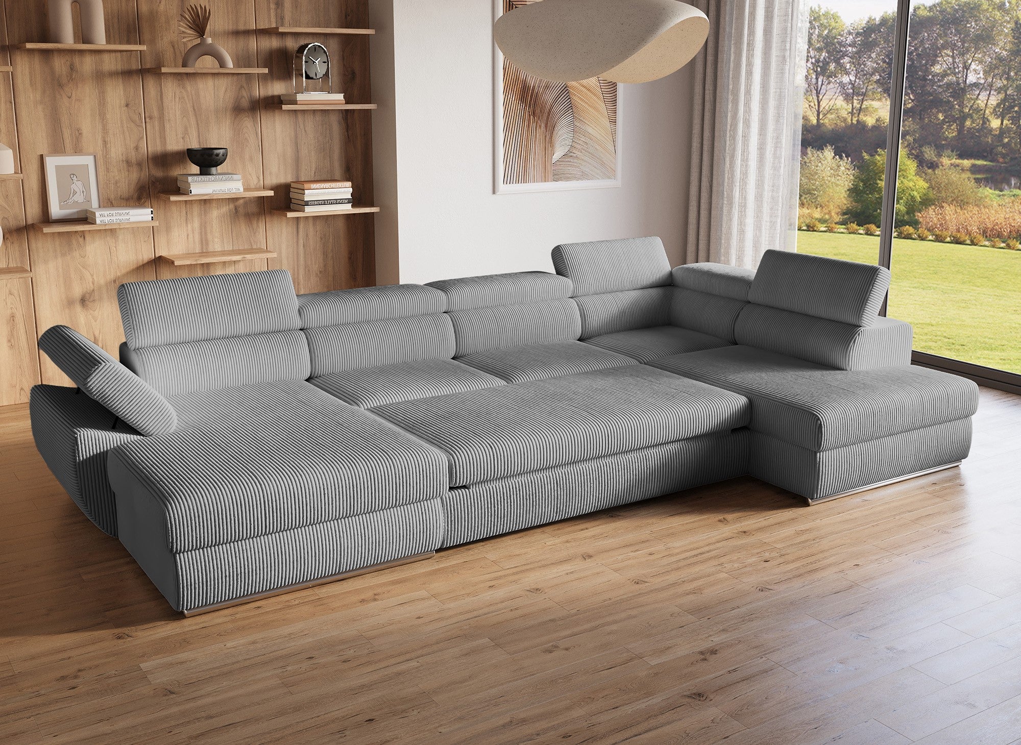 Canapé panoramique convertible avec coffre en velours côtelé épais gris MARIANO- Angle gauche