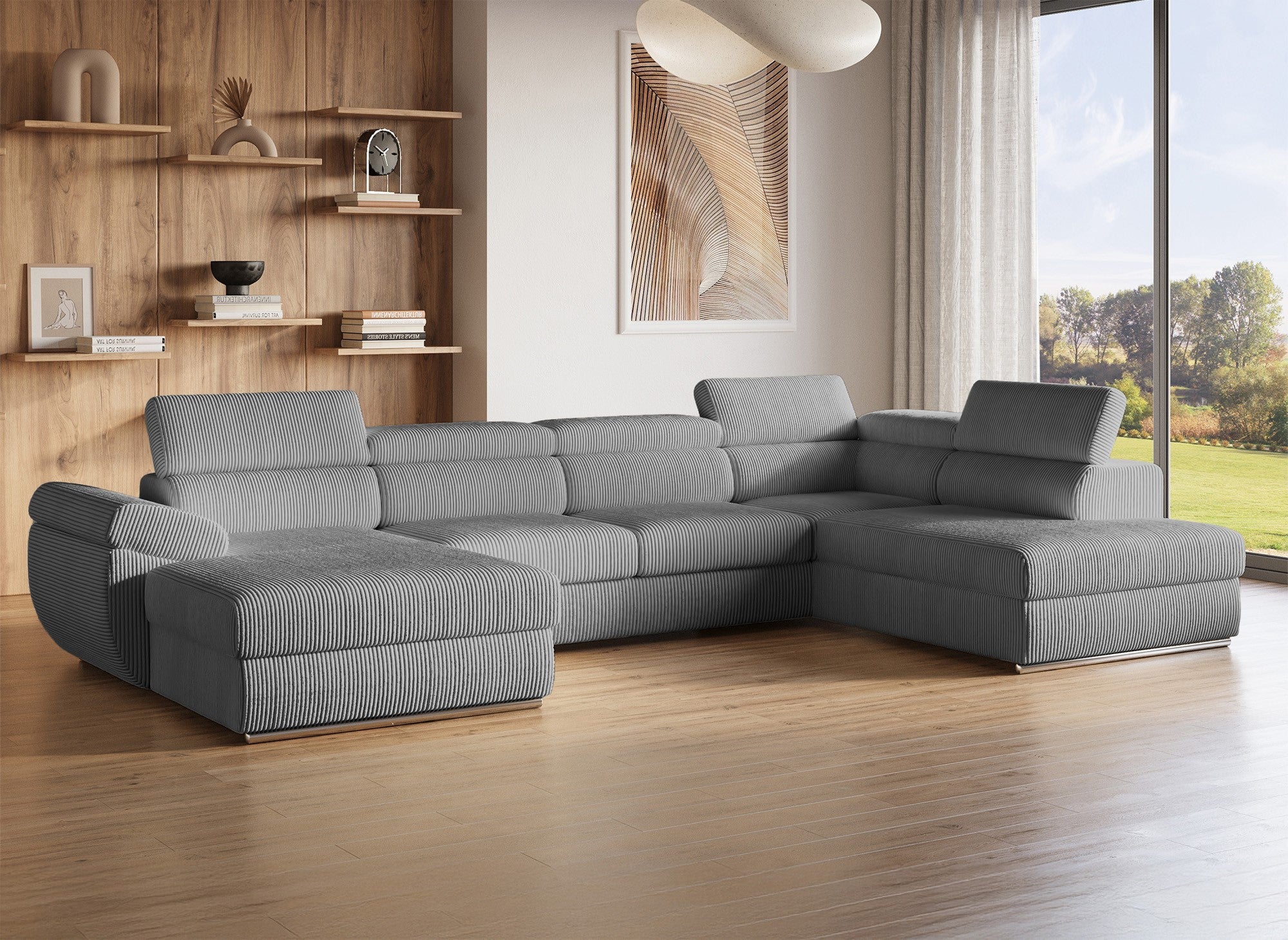 Canapé panoramique convertible avec coffre en velours côtelé épais gris MARIANO- Angle gauche