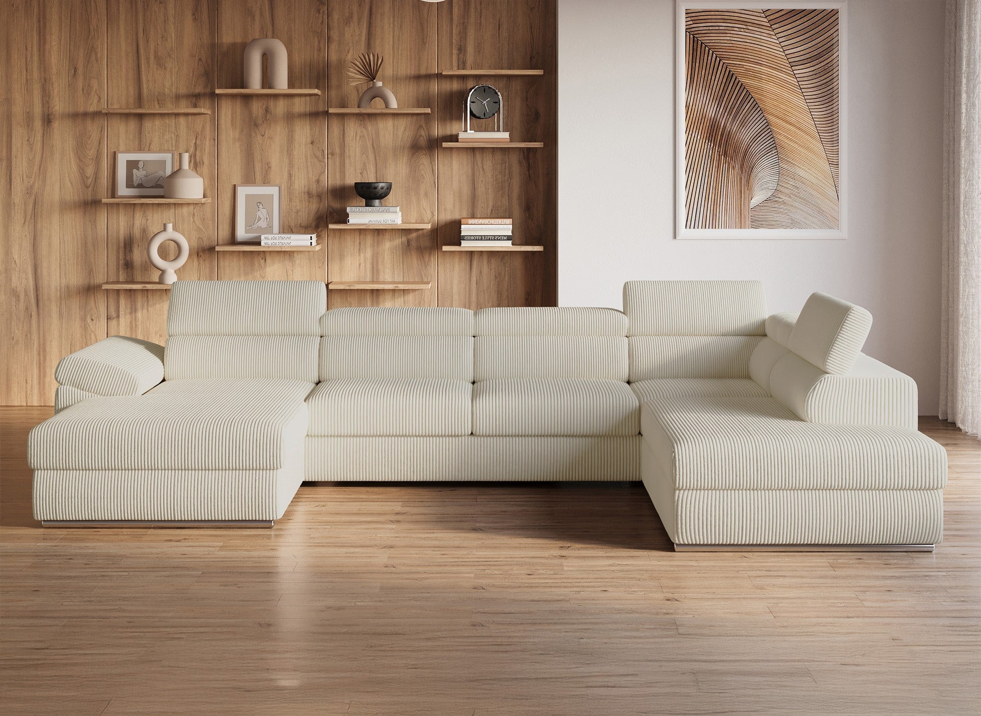 Canapé panoramique convertible avec coffre en velours côtelé épais beige MARIANO- Angle gauche