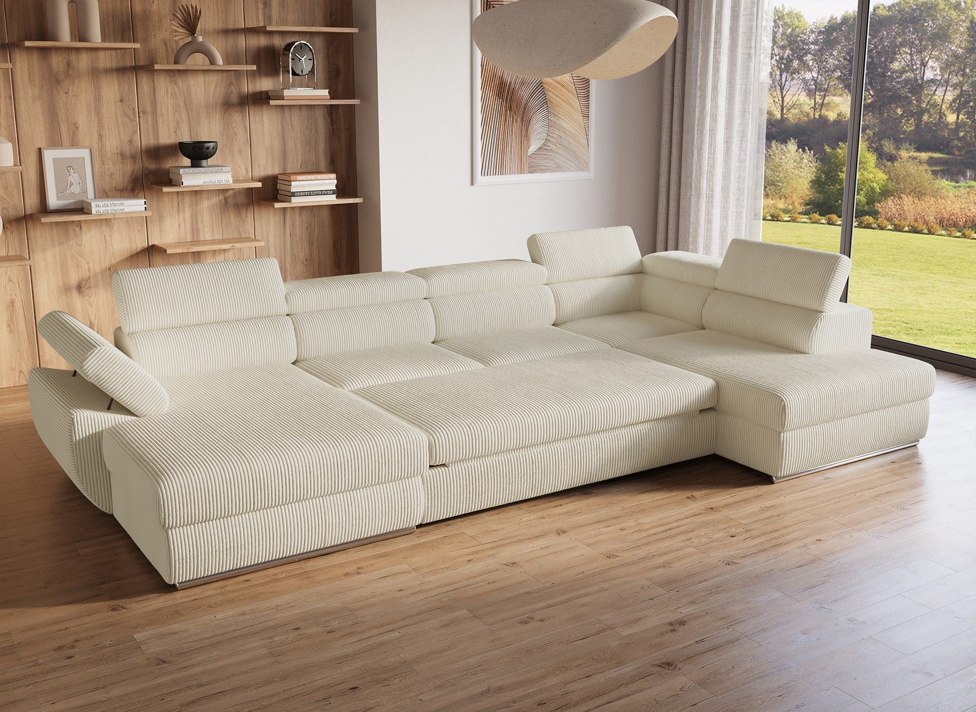 Canapé panoramique convertible avec coffre en velours côtelé épais beige MARIANO- Angle gauche