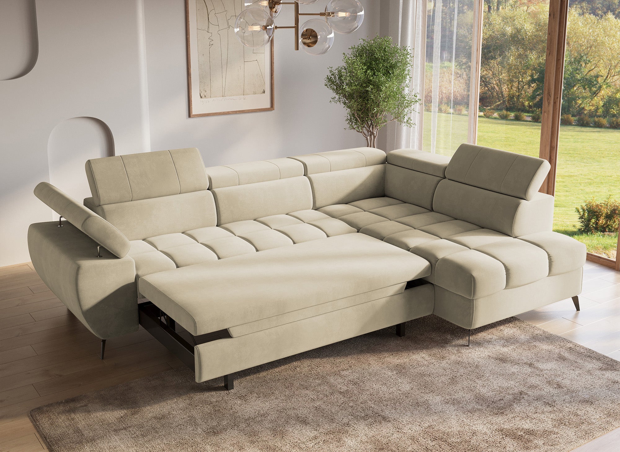 Canapé d'angle convertible matelassé avec coffre en velours beige LUCIANO - Angle droit