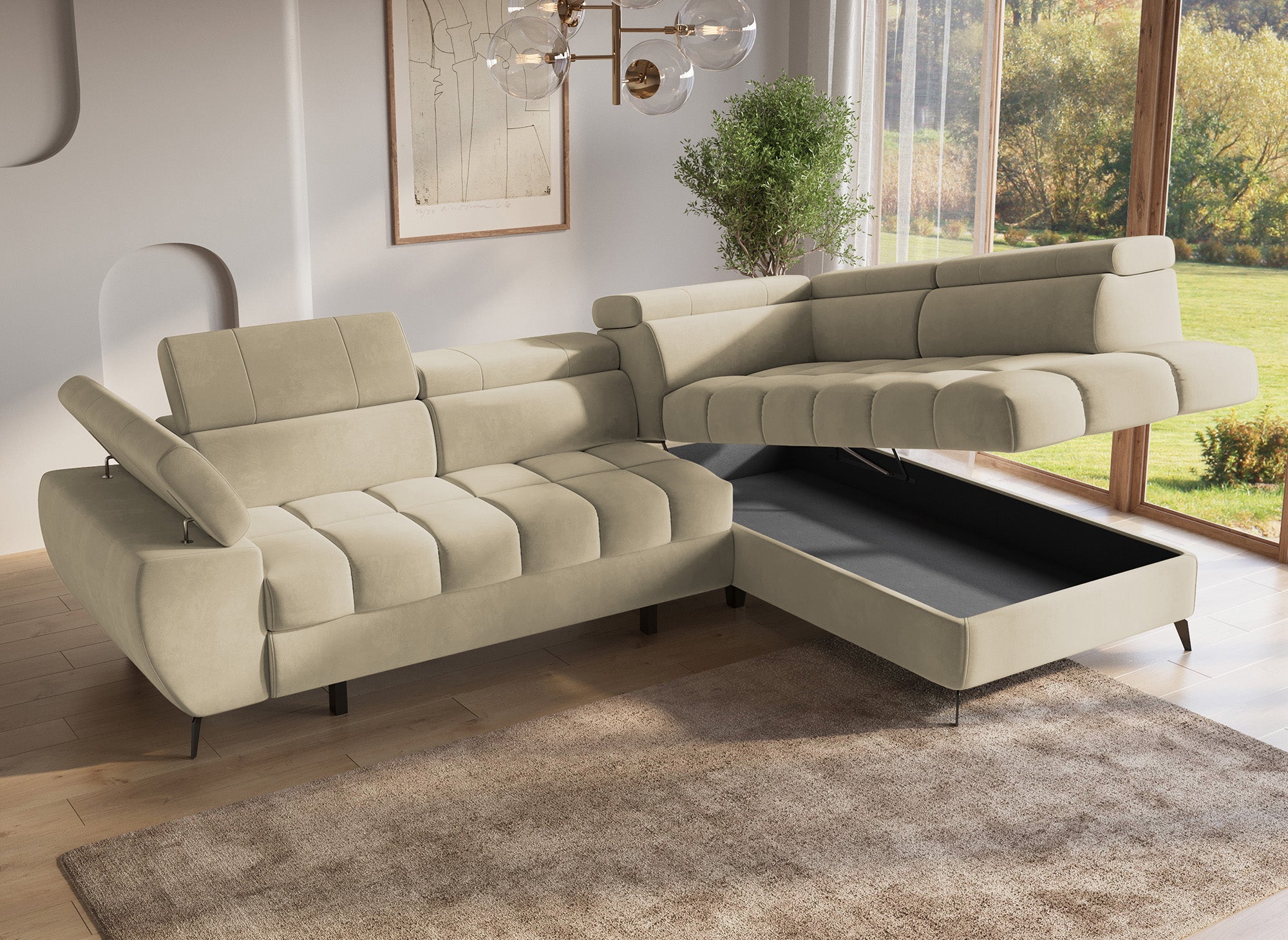 Canapé d'angle convertible matelassé avec coffre en velours beige LUCIANO - Angle droit