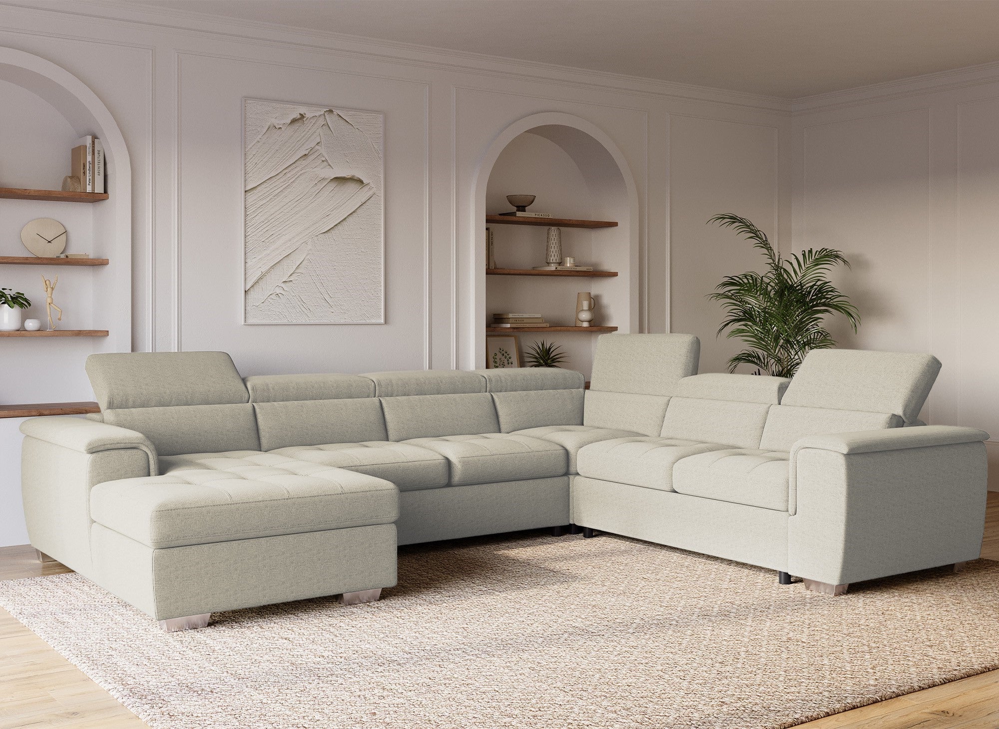 Canapé panoramique convertible coffre de rangement en tissu beige GAELLE - Angle Gauche