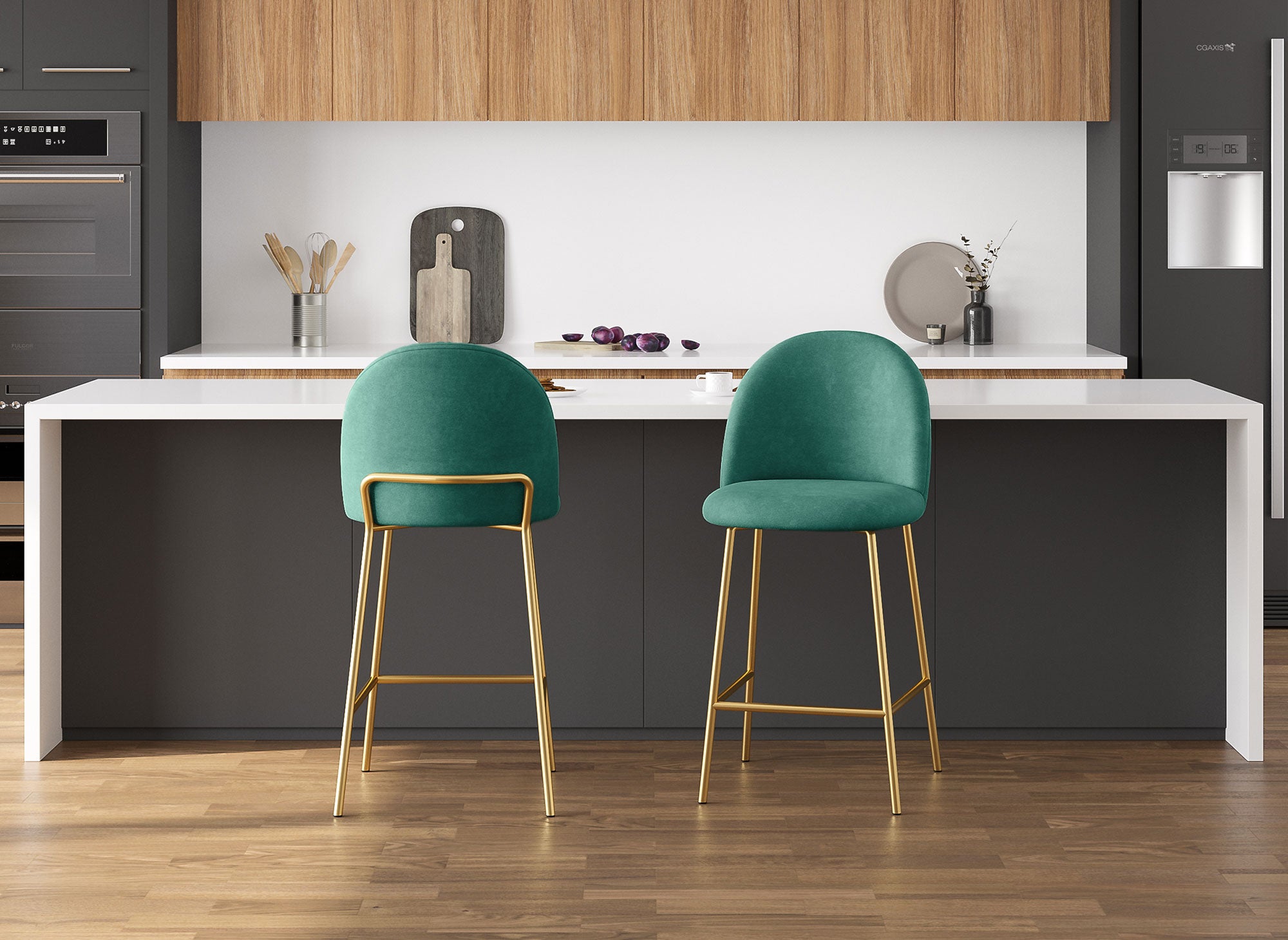 Lot de 2 tabourets de bar design en velours vert ARABEL