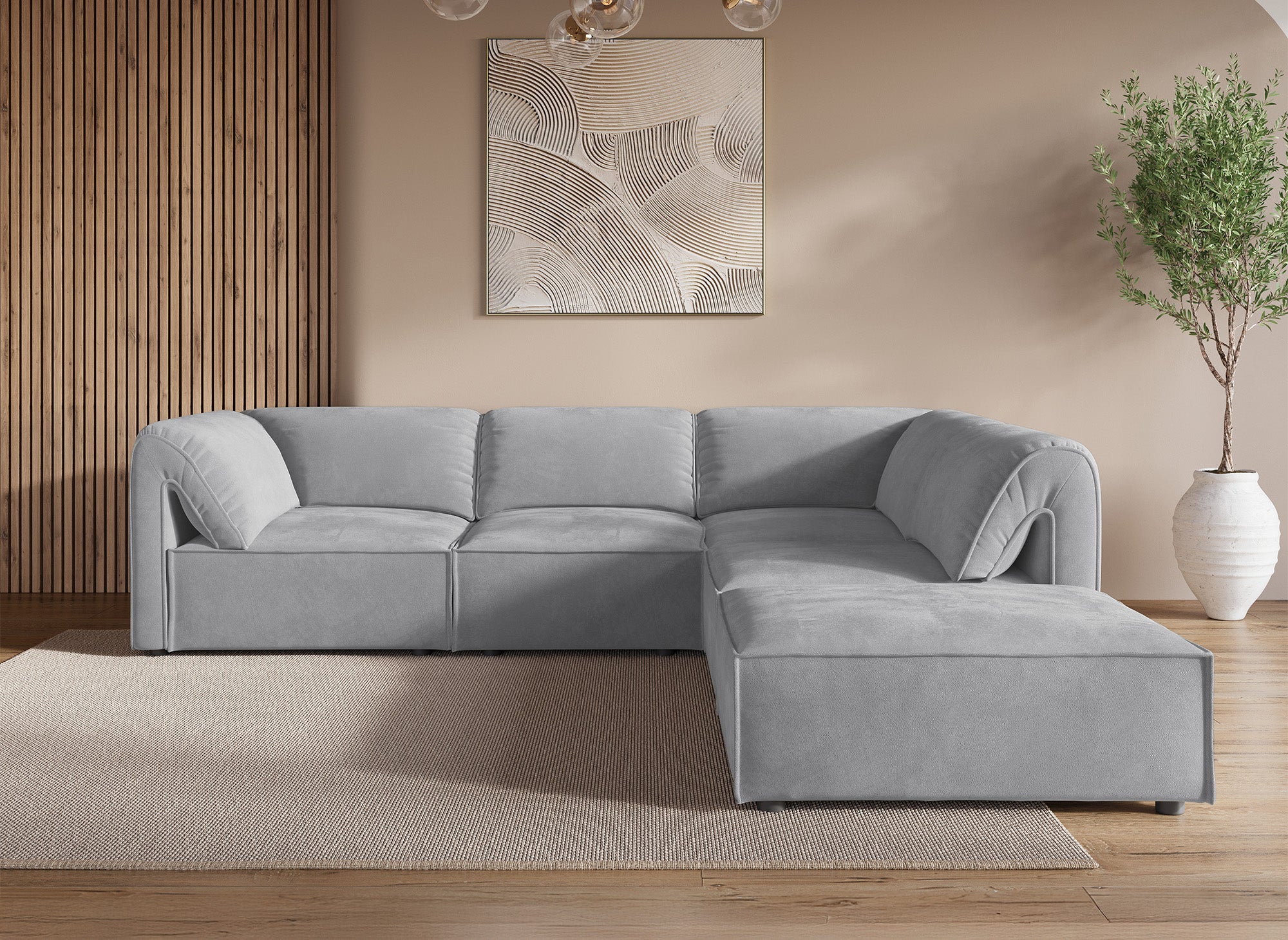 Canapé d'angle modulable en velours gris HARINA