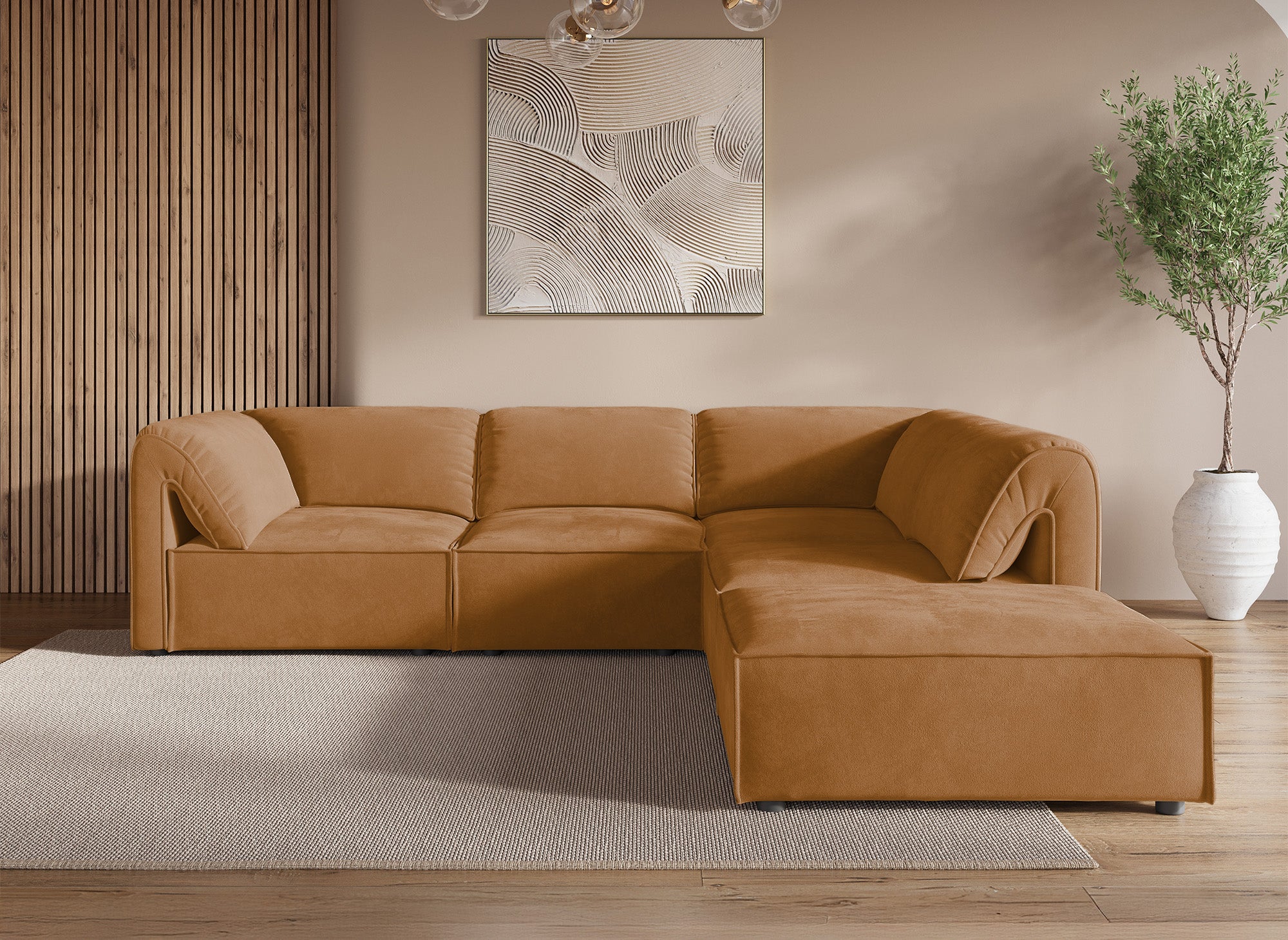 Canapé d'angle modulable en velours moutarde HARINA