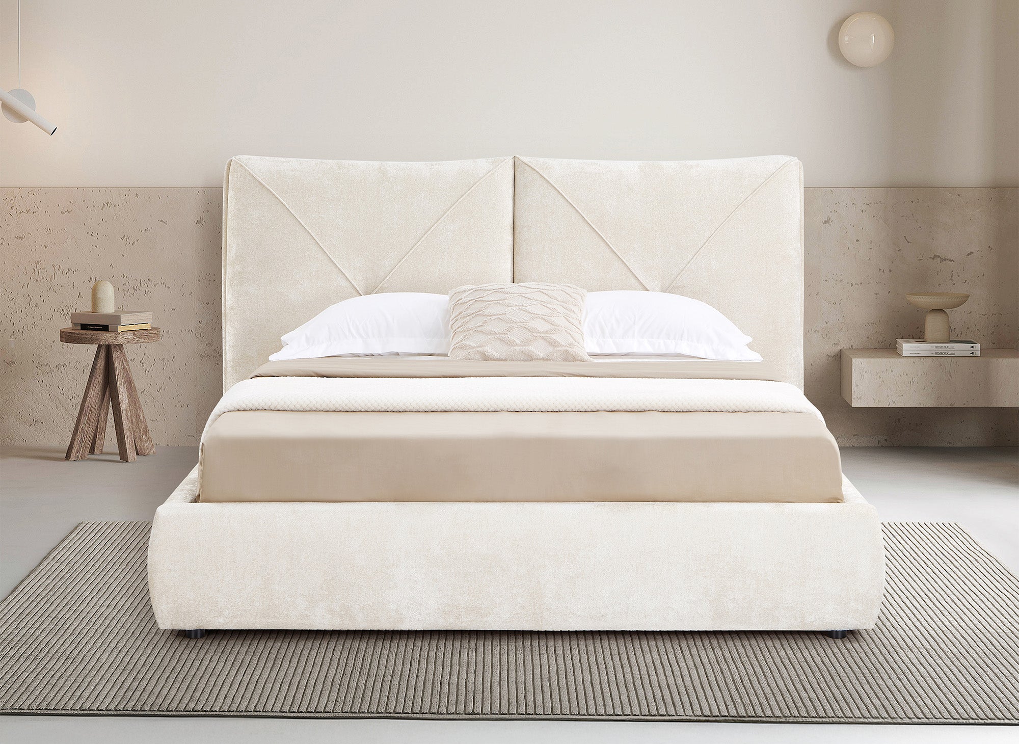 Lit coffre en tissu bouclette doux beige 160x200 cm NOAH