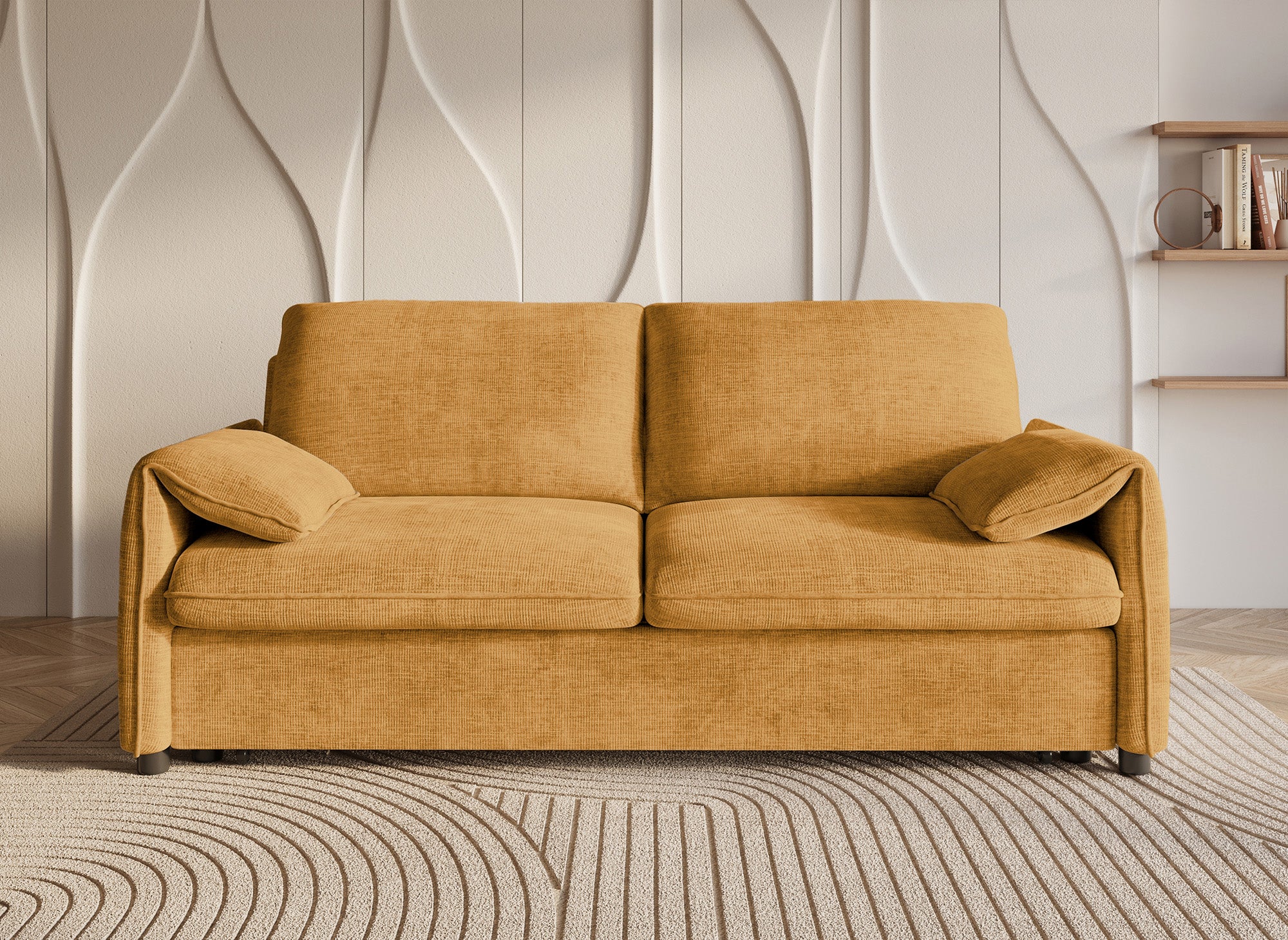 Divano trasformabile dritto a 3 posti in velluto screziato giallo LAMAR