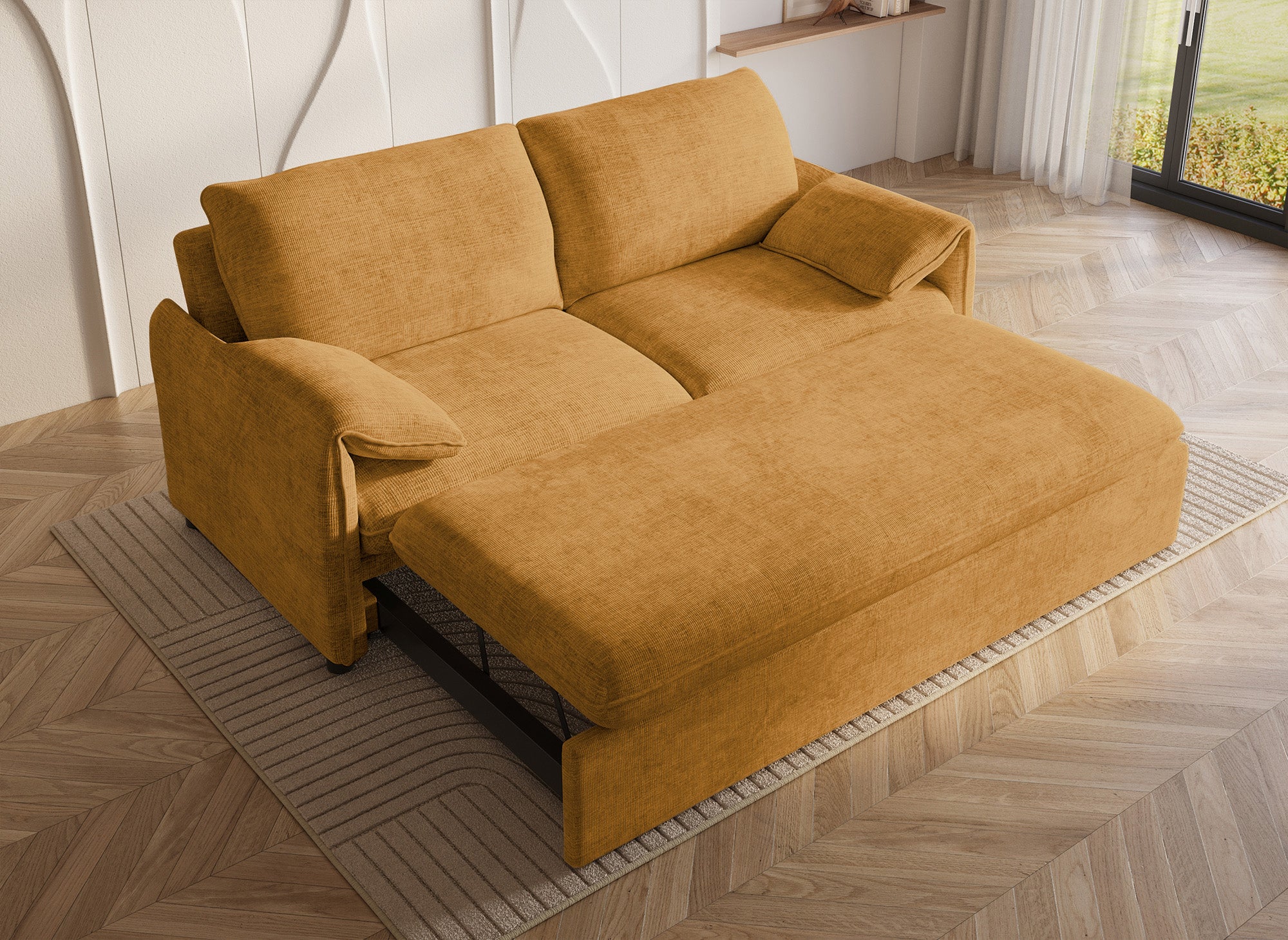 Divano trasformabile dritto a 3 posti in velluto screziato giallo LAMAR