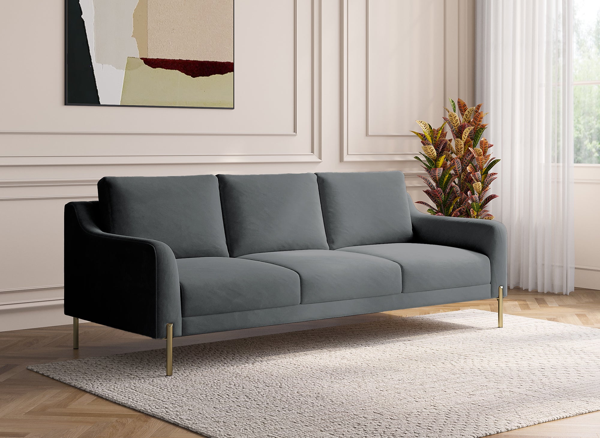 Canapé droit 3 places en velours gris CELINE