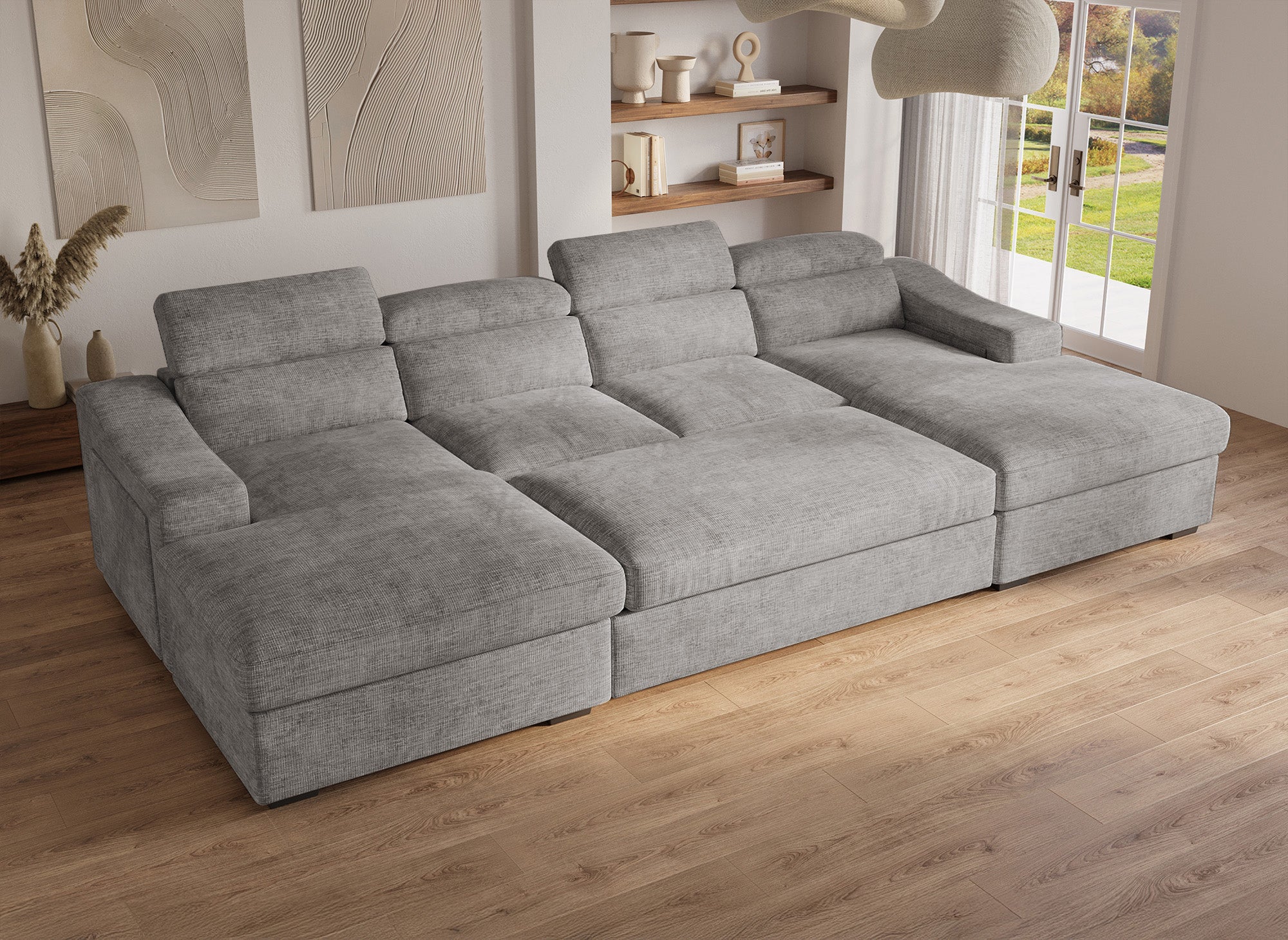 Canapé panoramique convertible avec 2 coffres en velours chiné gris VELORA