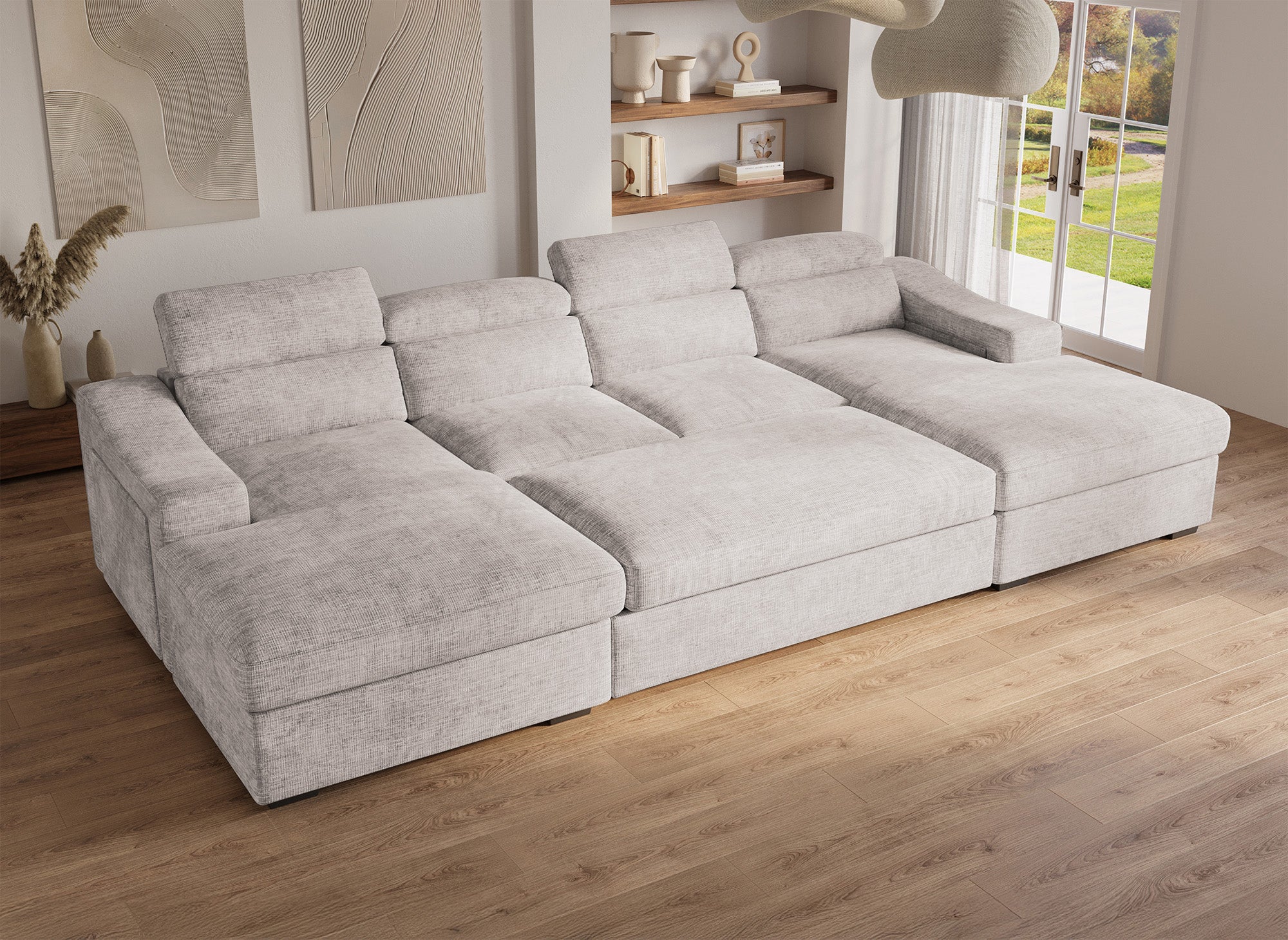 Canapé panoramique convertible avec 2 coffres en velours chiné beige VELORA
