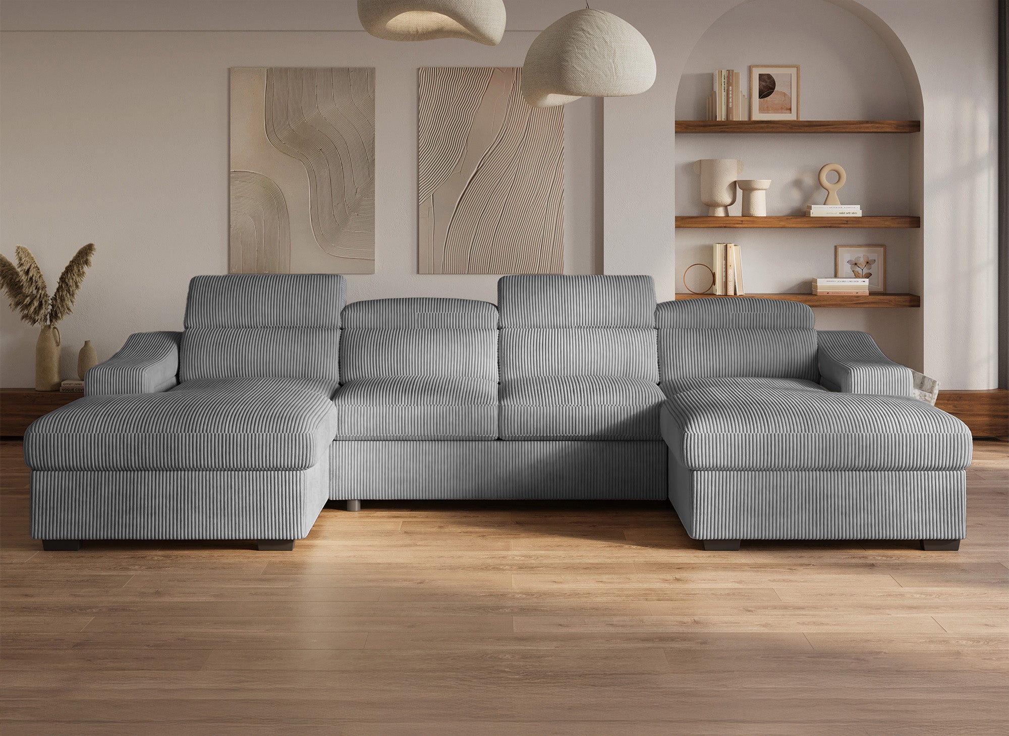 Canapé panoramique convertible avec 2 coffres en velours côtelé épais gris VELORA