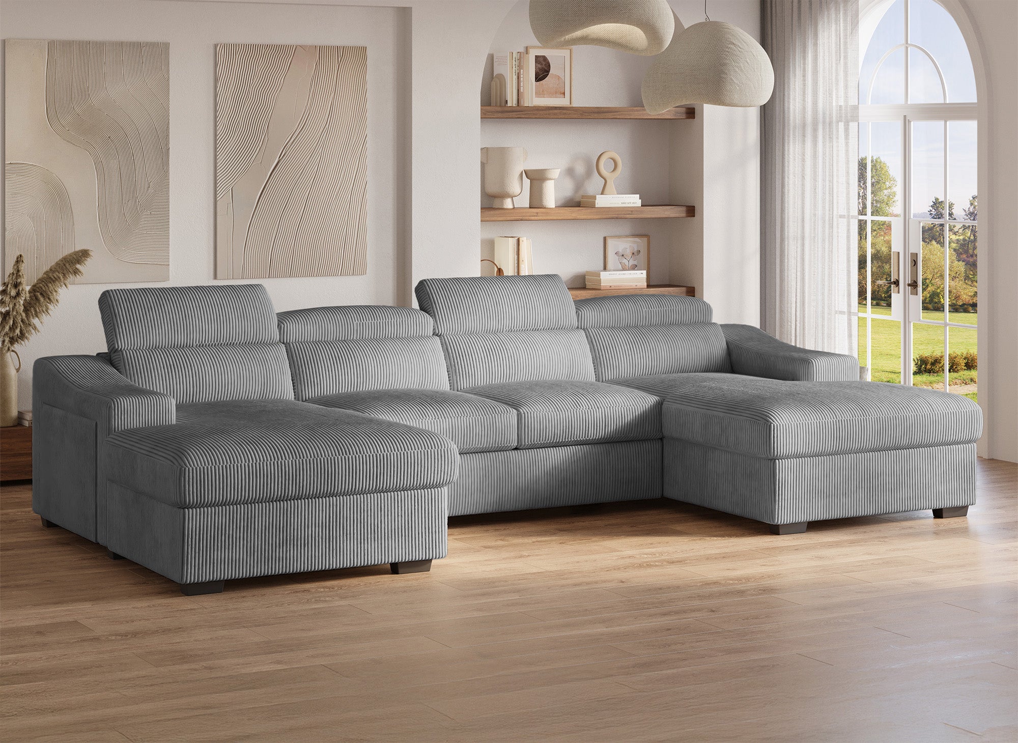 Canapé panoramique convertible avec 2 coffres en velours côtelé épais gris VELORA