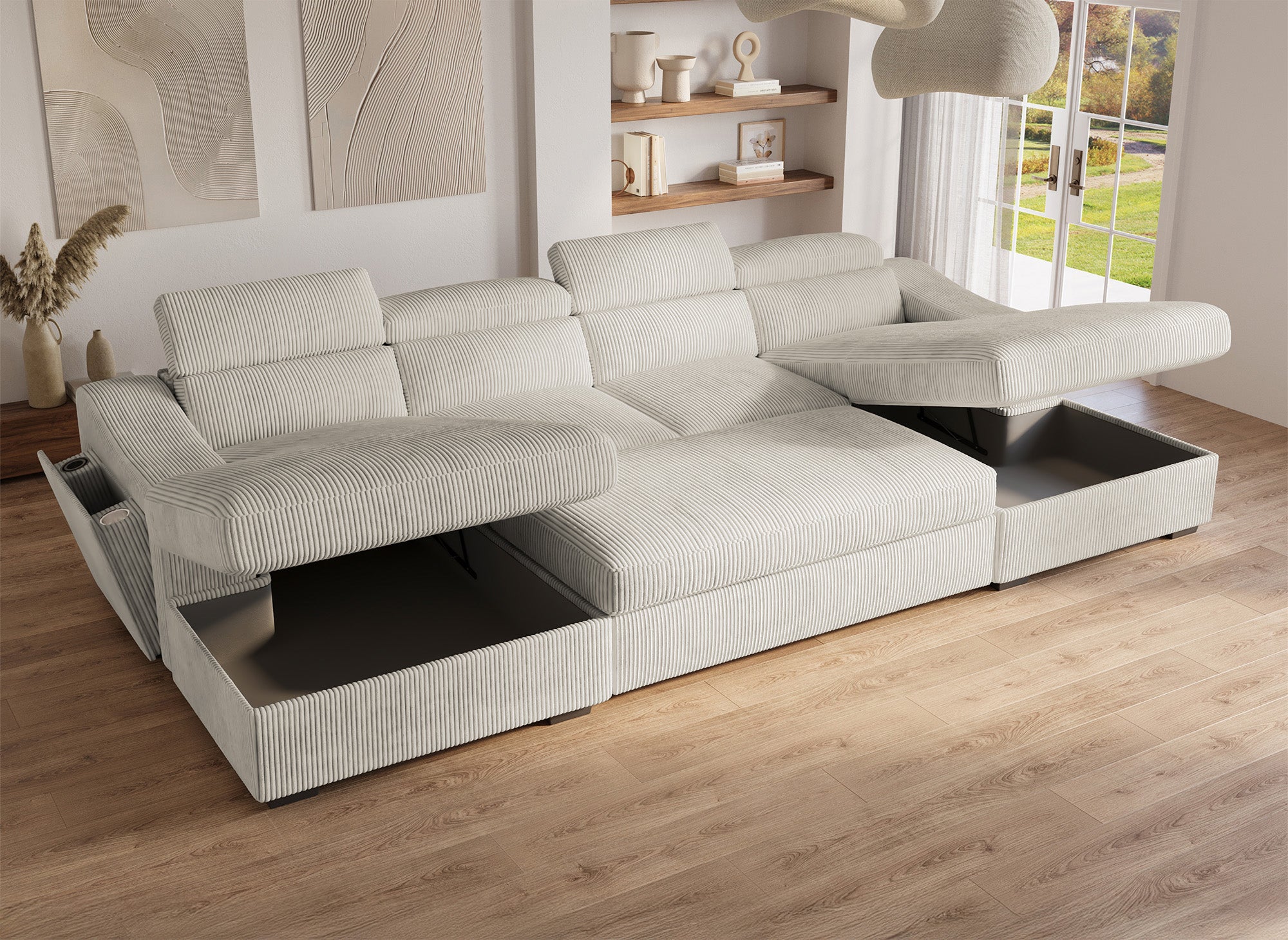 Canapé panoramique convertible avec 2 coffres en velours côtelé épais beige VELORA