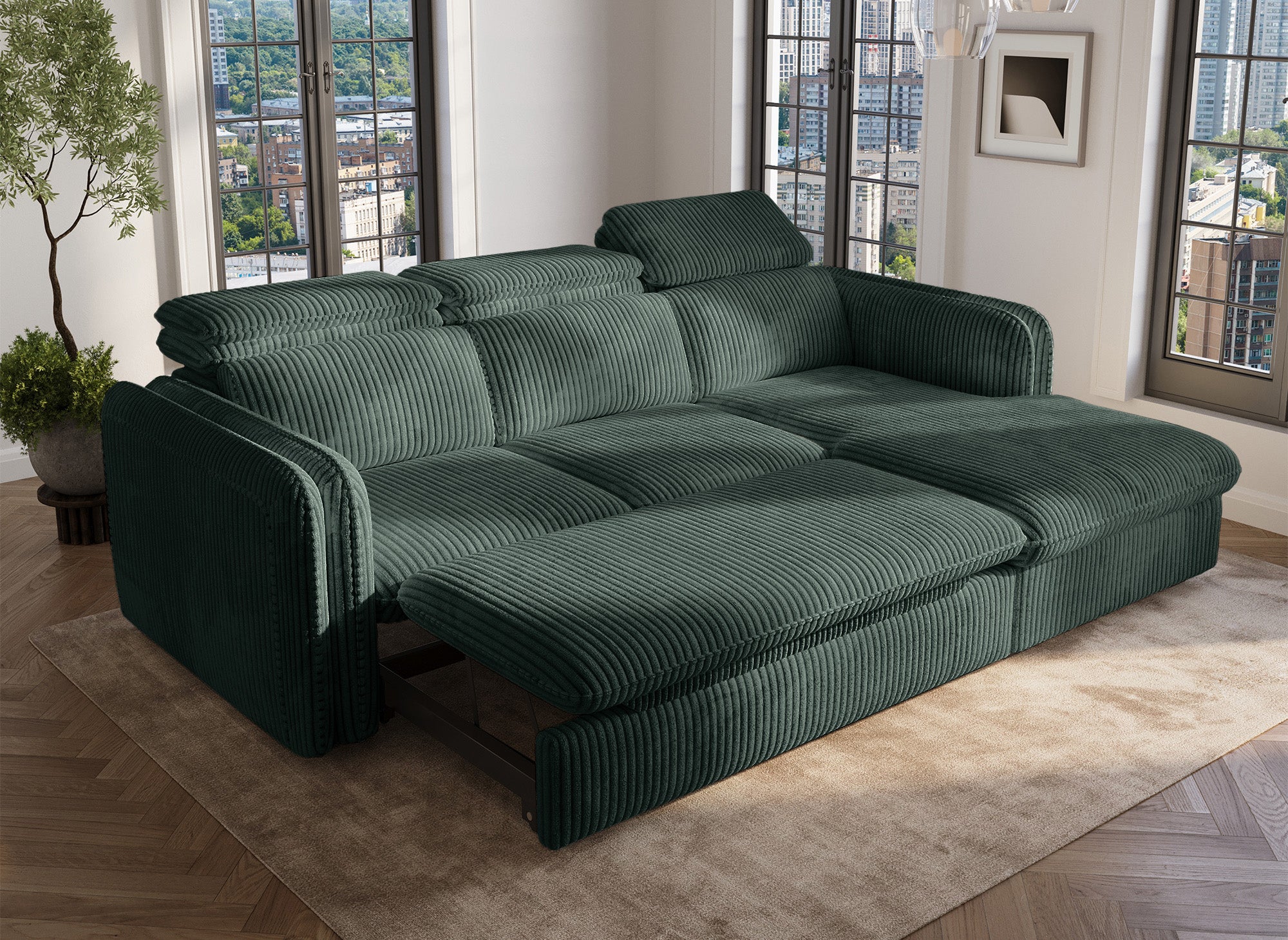 Canapé d'angle convertible en velours côtelé épais vert ISABELLA - Angle droit