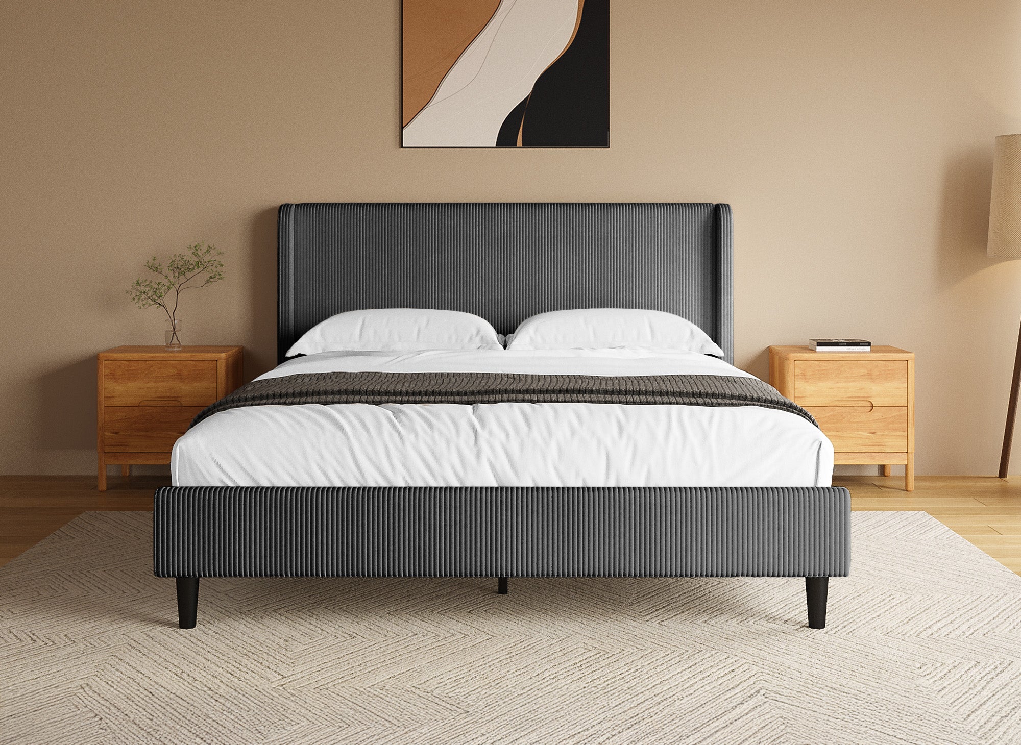 Lit double en velours côtelé épais gris foncé 160x200cm LEVY