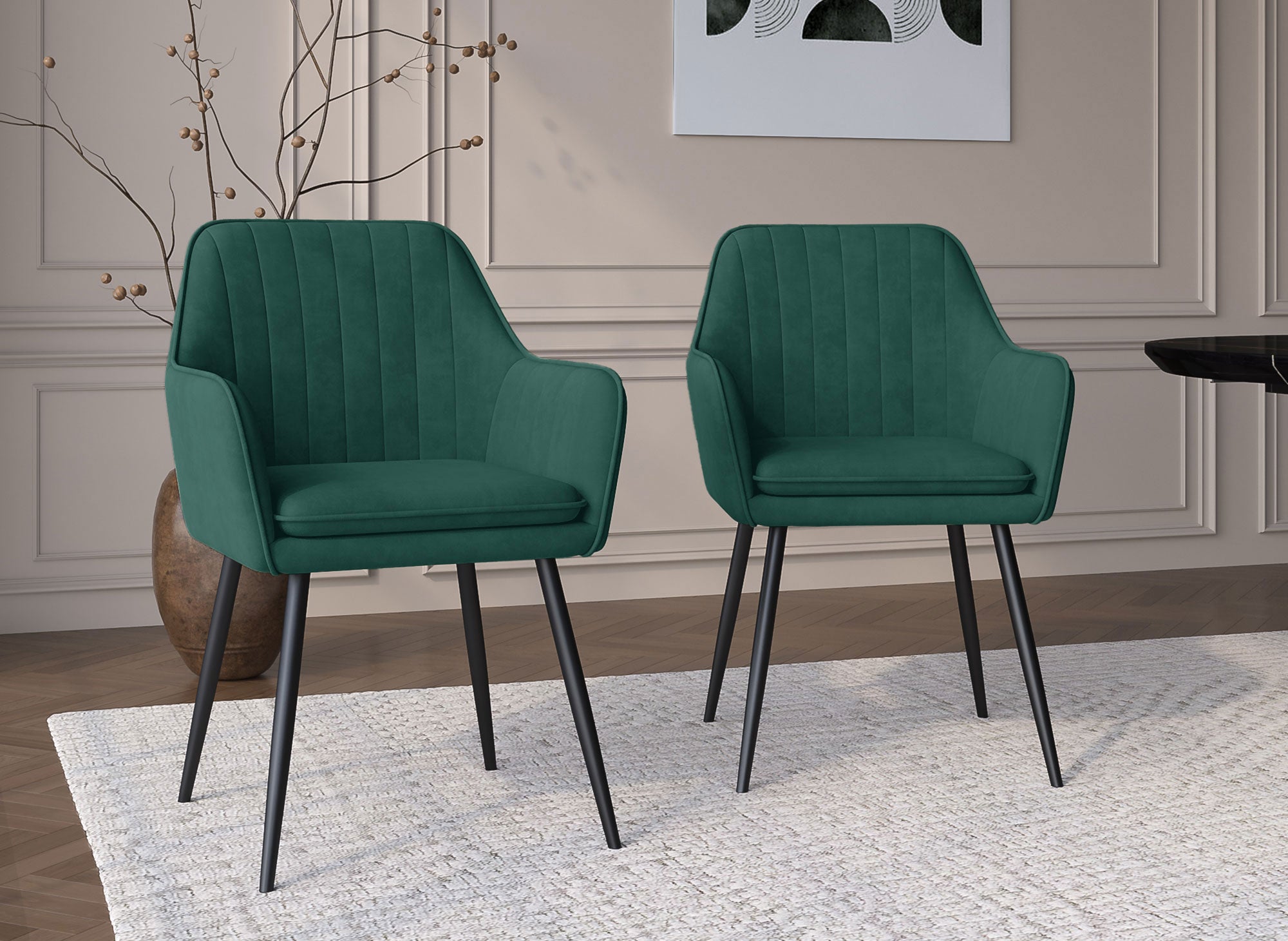 Lot de 2 chaises avec accoudoirs en velours vert pieds noirs EDWIGE